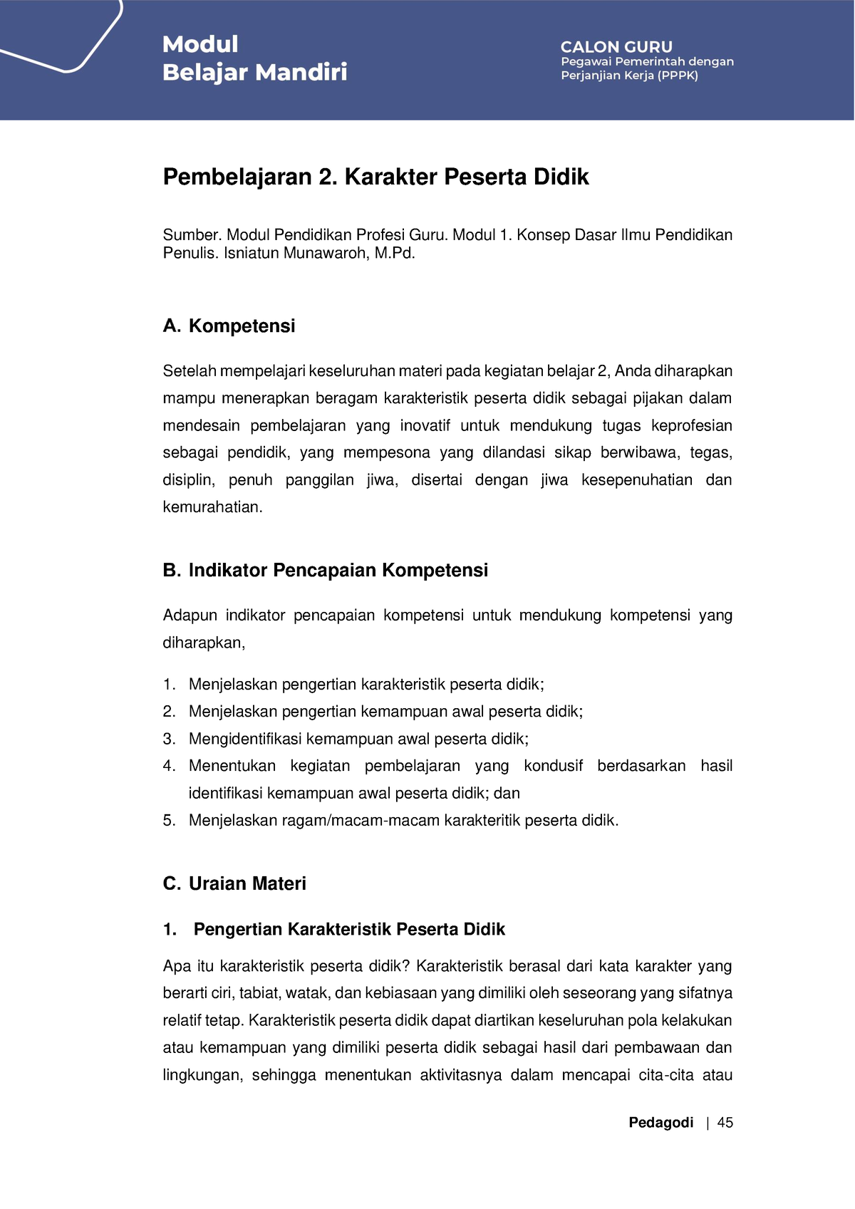 Modul Bahan Belajar Pedagogi Pedagodi Pembelajaran Karakter Peserta Didik Sumber