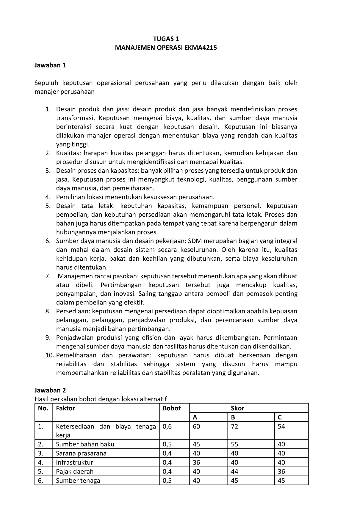 Jawaban Tugas 1 EKMA4215 - TUGAS 1 MANAJEMEN OPERASI EKMA Jawaban 1 ...