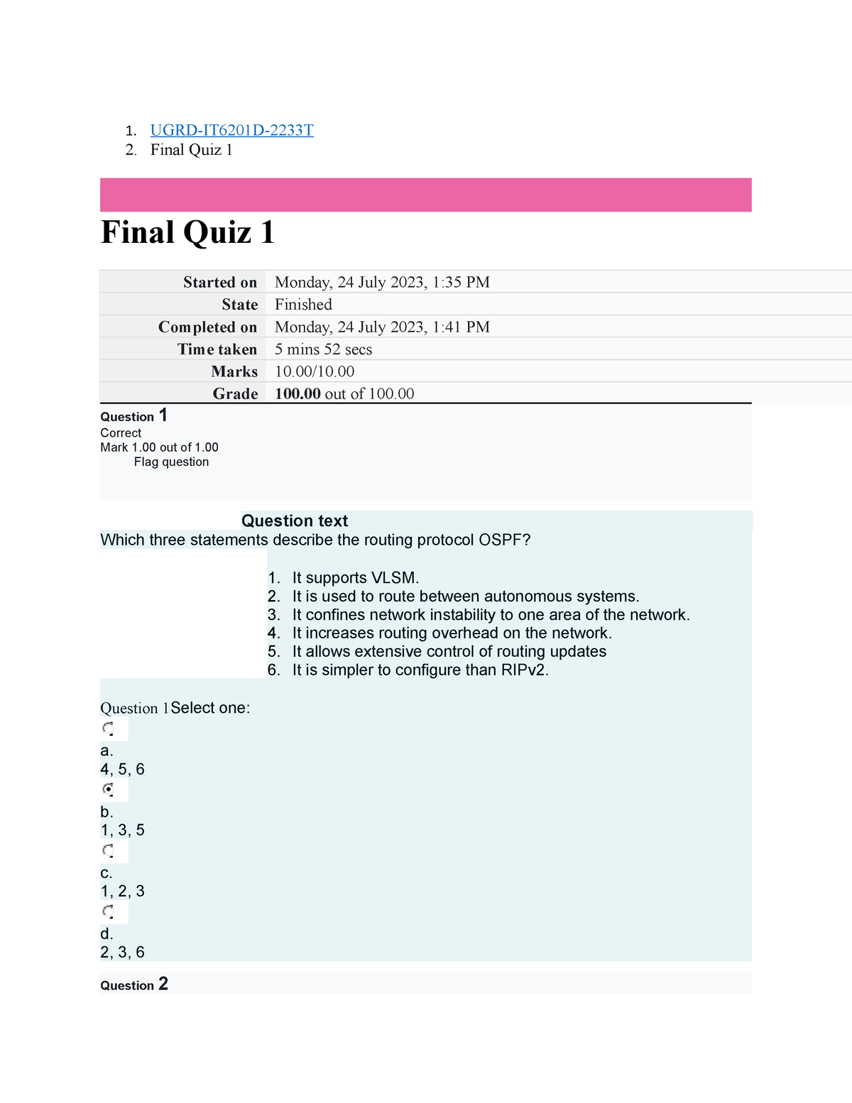 UGRD-IT6201D Data Communications And Networking 2 Final Quiz 1 - Studocu