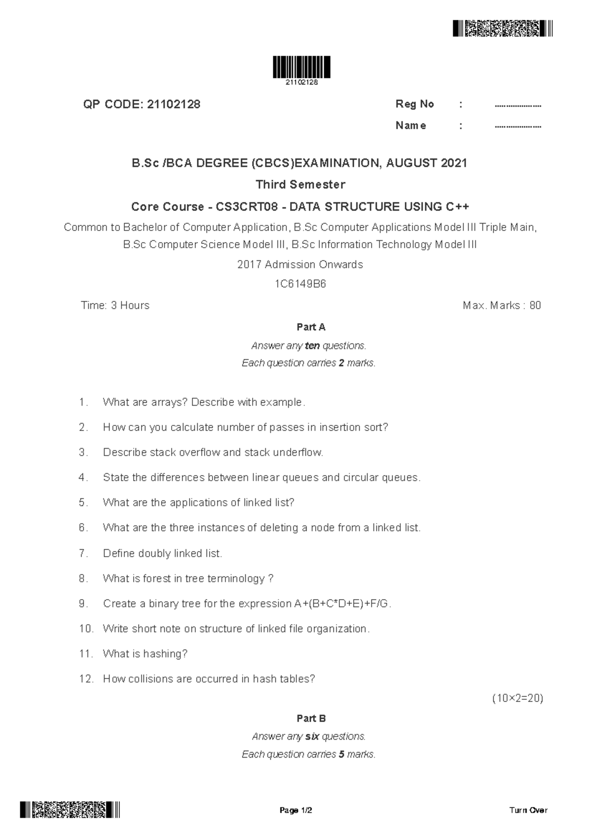 Data structure using C++ - QP CODE: 21102128 Reg No ...