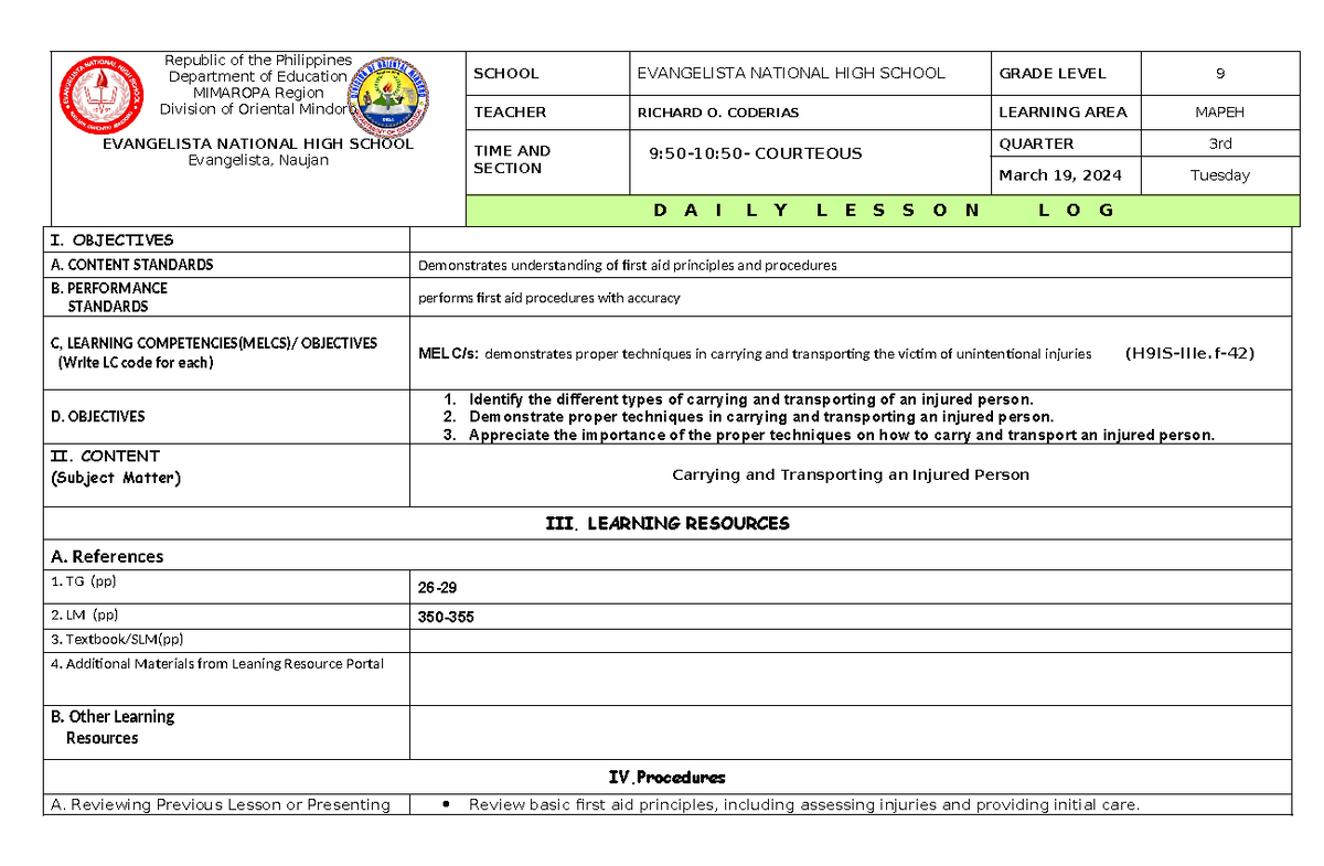 Dll Cot 3 Daily Lesson Log Republic Of The Philippines Department Of Education Mimaropa 0631