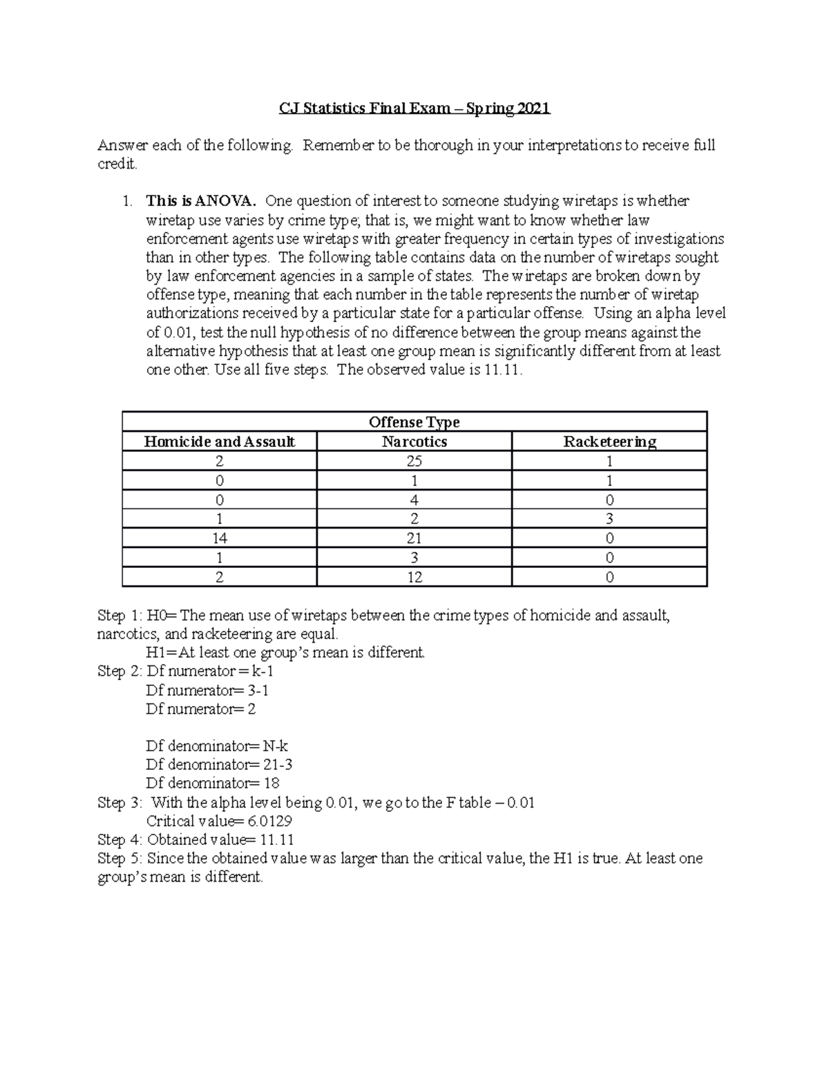 CJ Statistics Final Exam - Spring 2021 - CJ Statistics Final Exam ...