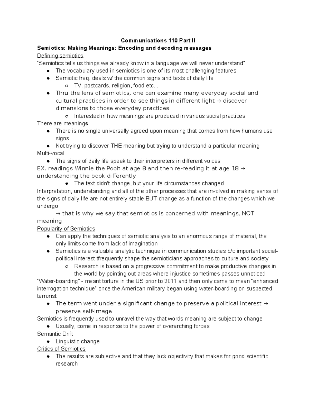 CMNS II - Lecture Notes 5-10 - Communications 110 Part II Semiotics ...