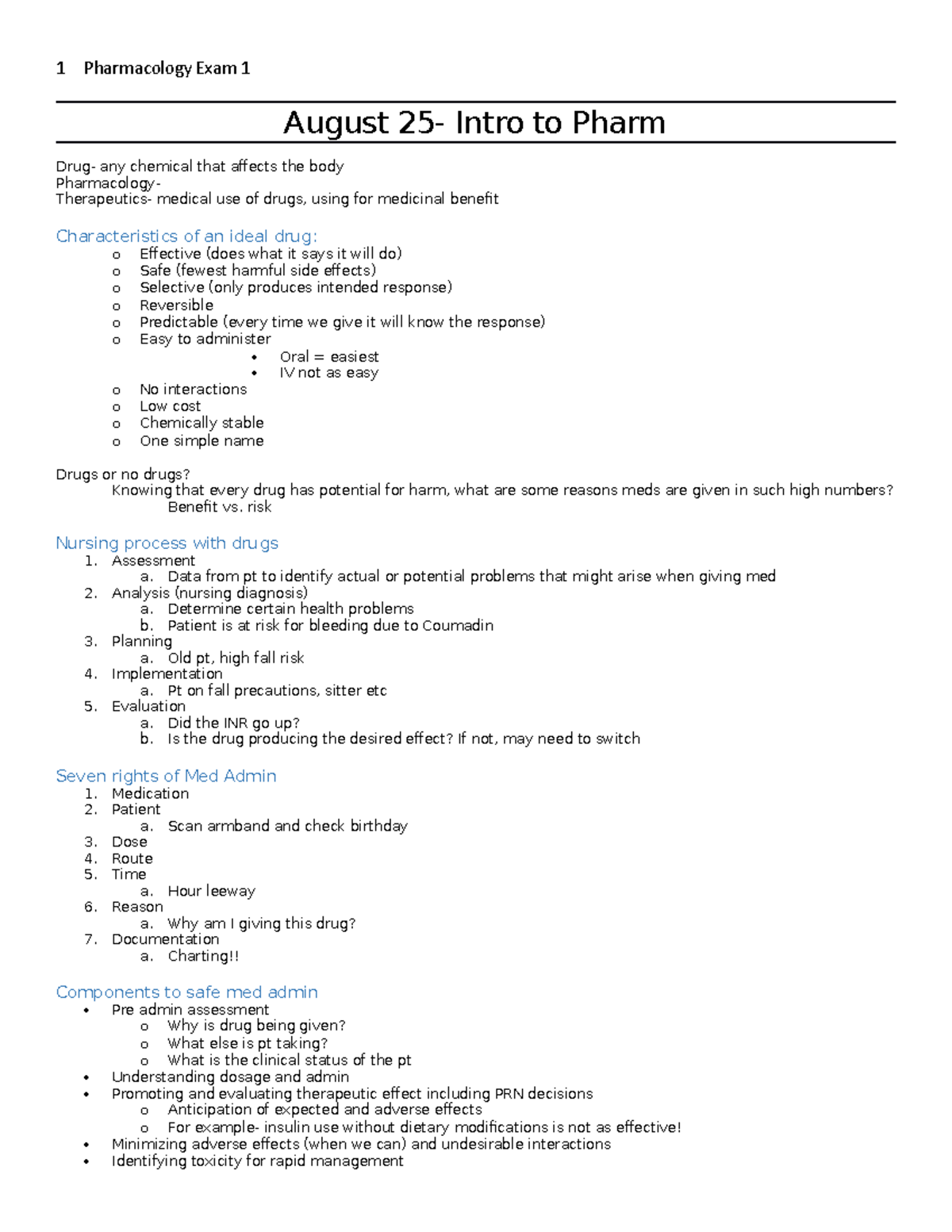 Pharmacology Notes for exam 1 - August 25- Intro to Pharm Drug- any ...