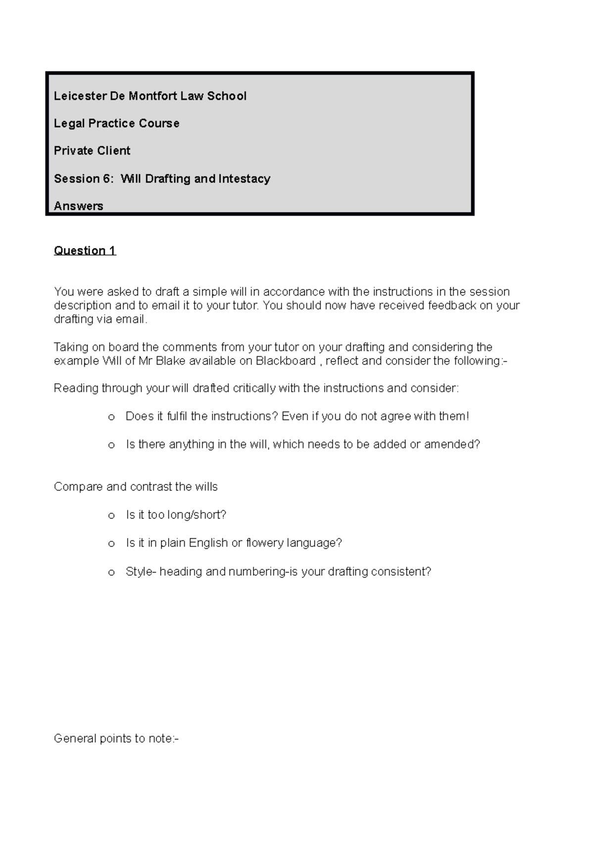 Draft WILL what needs to be included Leicester De Montfort Law