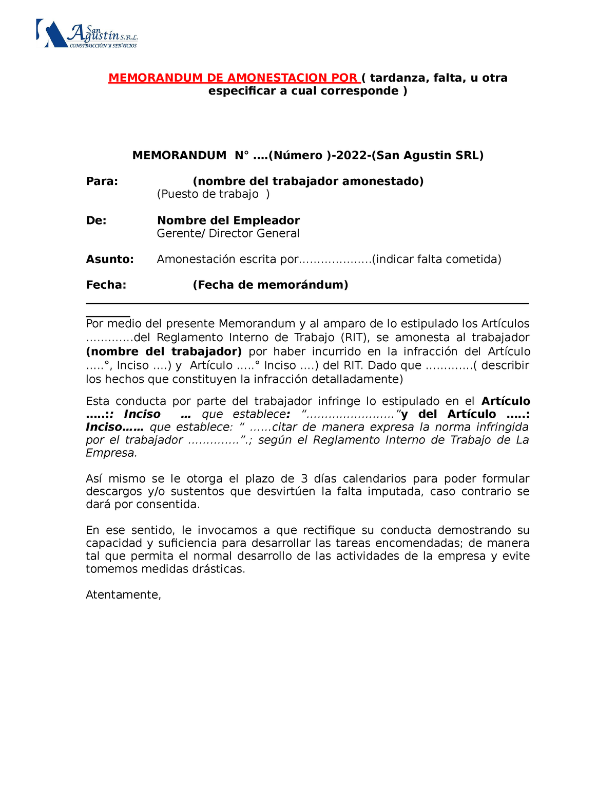 Memorandum DE Amonestacion POR Falta MEMORANDUM DE AMONESTACION POR Tardanza Falta U