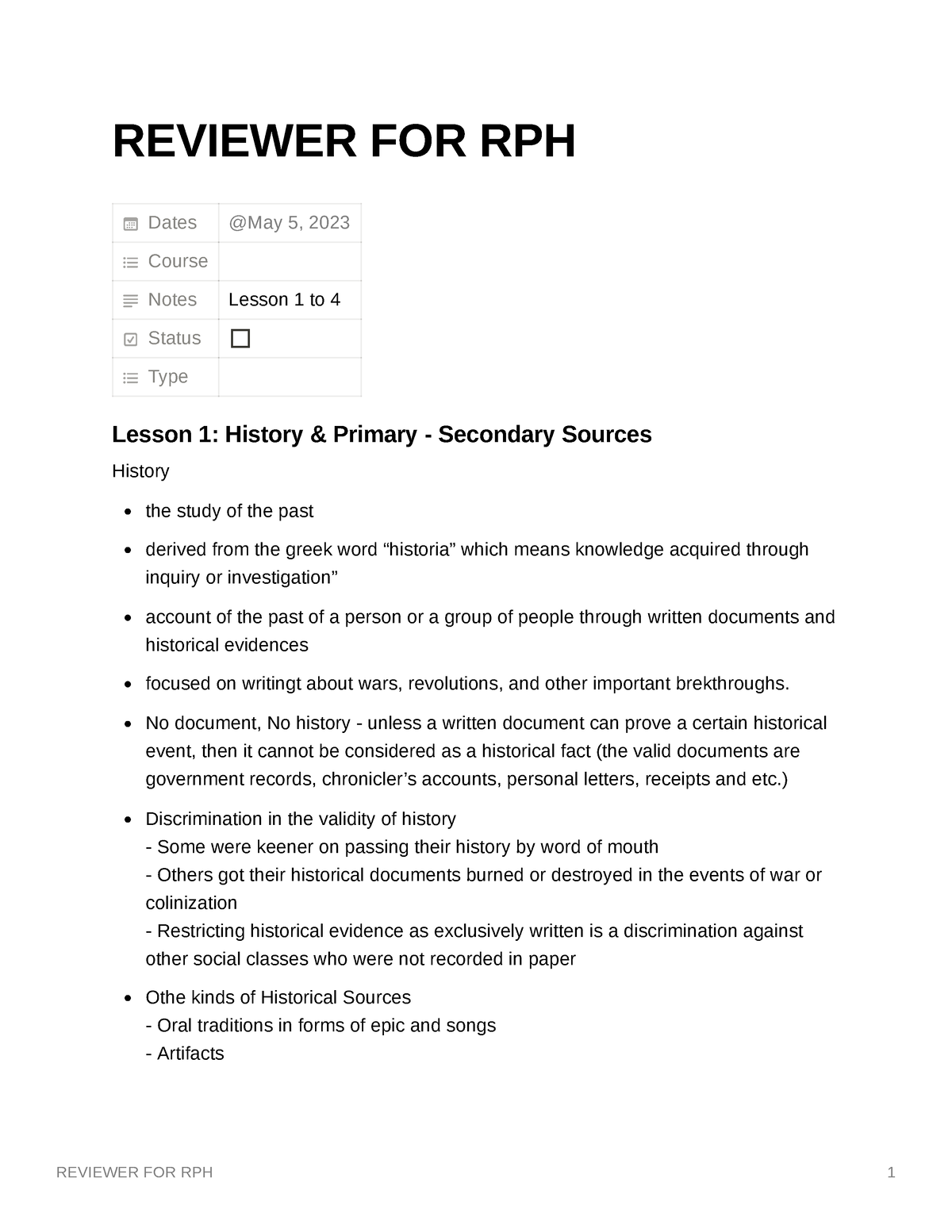 Reviewer FOR RPH - REVIEWER FOR RPH Dates Course Notes Lesson 1 To 4 ...