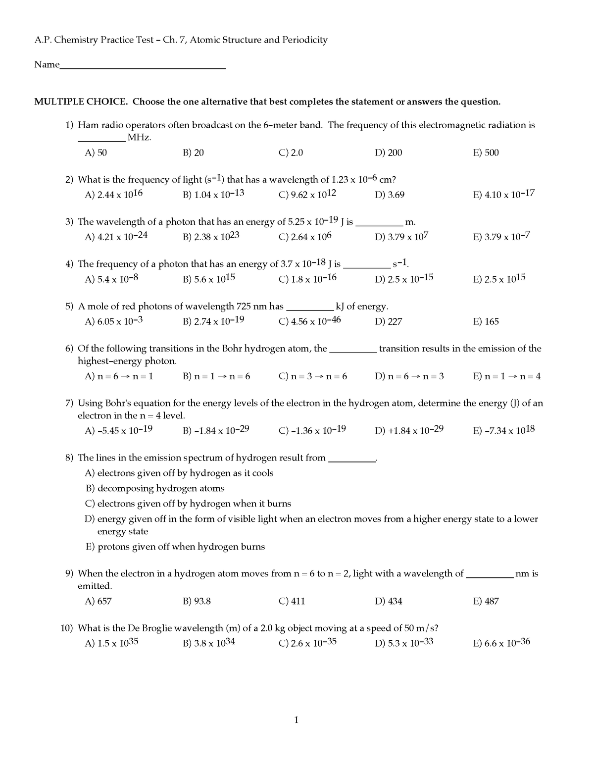 Atomic Structure and Perdiodicity Test - A. Chemistry Practice Test ...