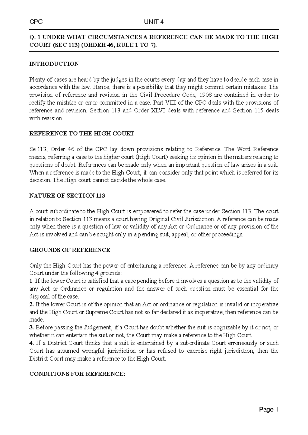 UNIT 4 CPC - A synopsis and detailed answer type document - Q. 1 UNDER ...