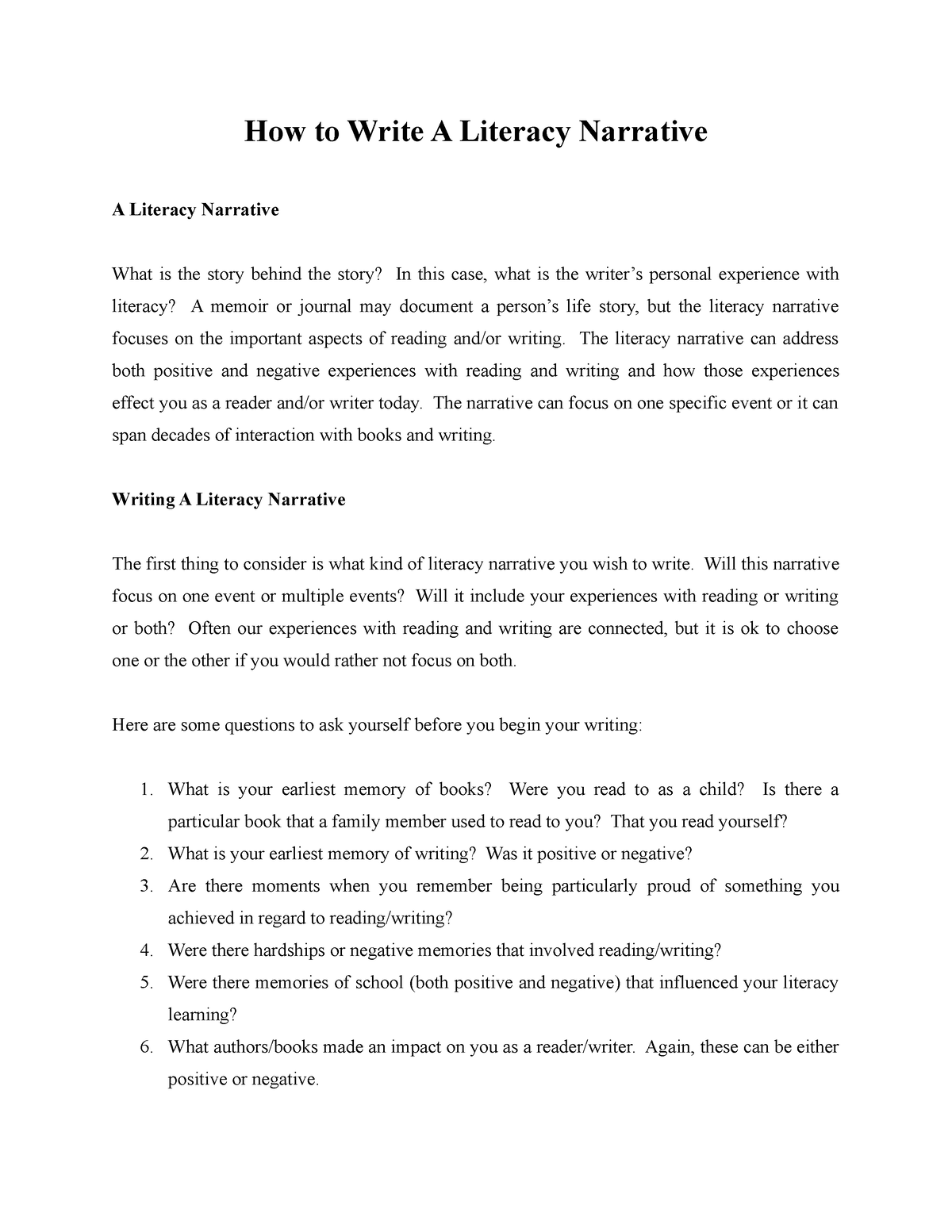 How to Write A Literacy Narrative - The literacy narrative can address ...