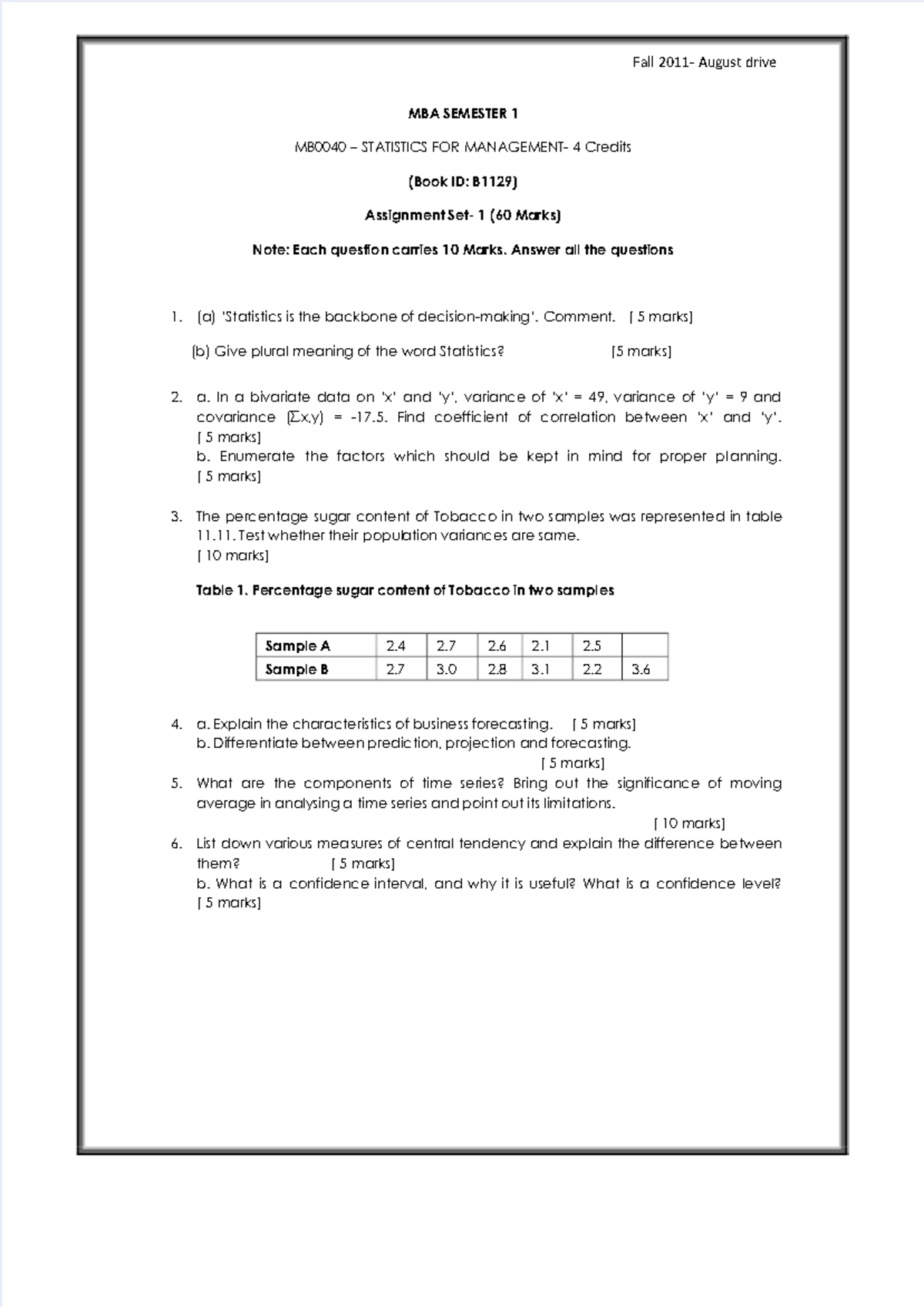 Mb0040 statistics for management sem 1 assignment - MBA SEMESTER 1 ...