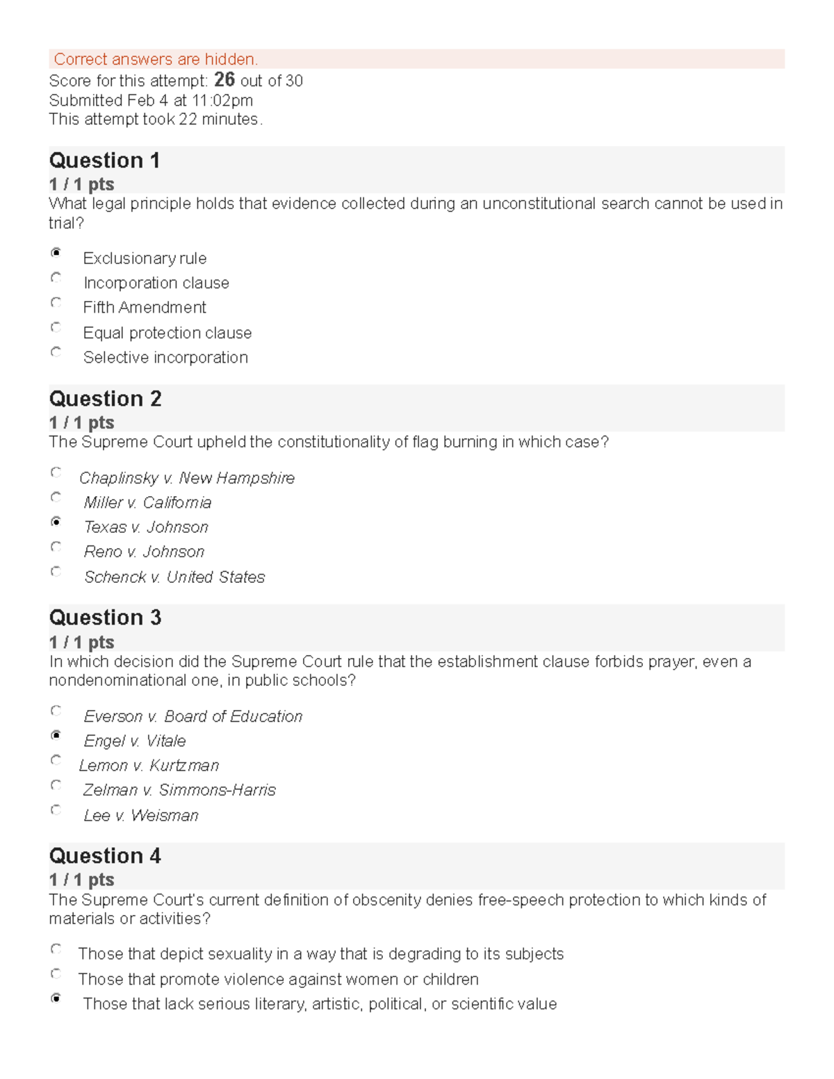 Civil Liberties Quiz - Correct Answers Are Hidden. Score For This ...