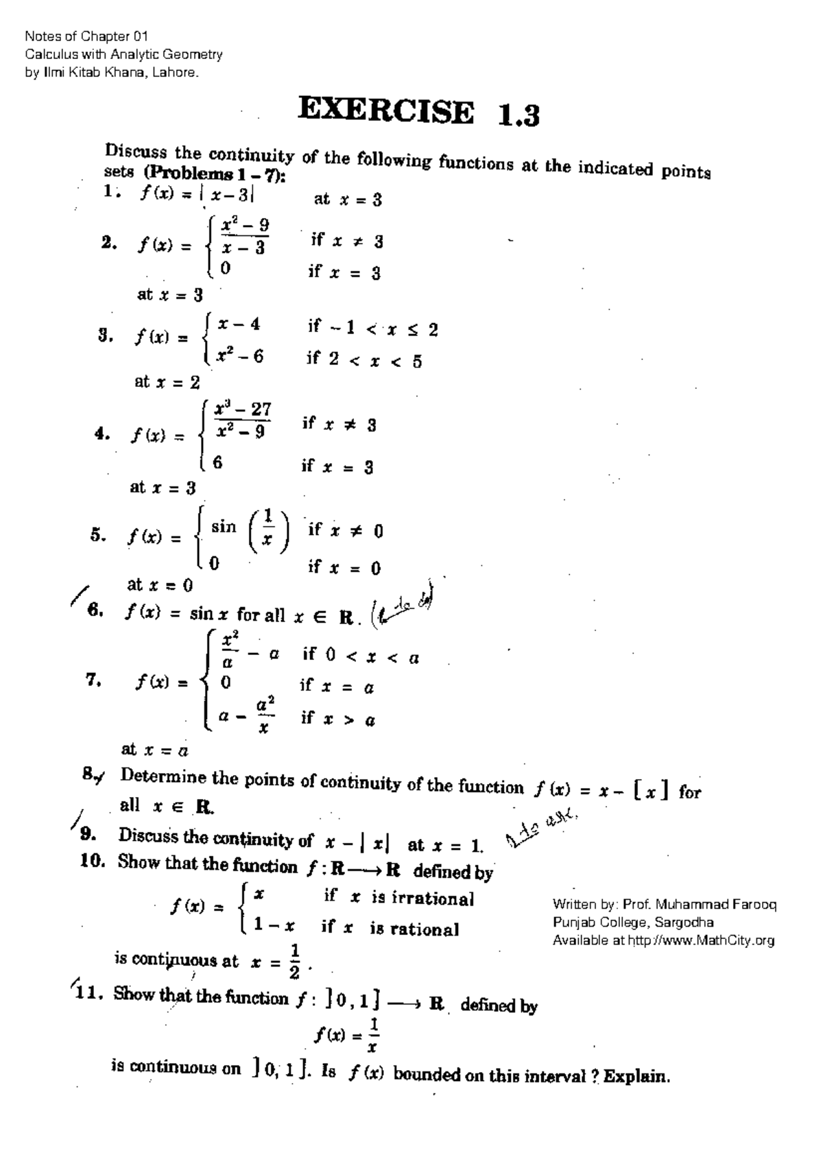 Chap 01 Solutions Ex 1 3 Calculus - E-XERCISE Discuss the continuity ...