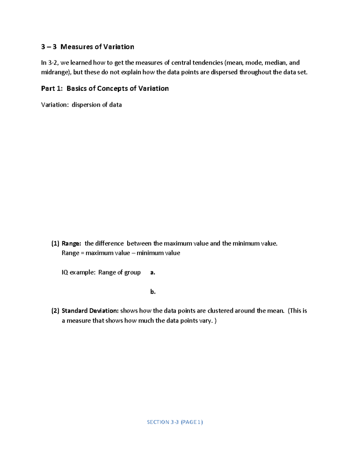 Class Lecture 3-3 - 3 3 Measures of Variation In we learned how to get ...