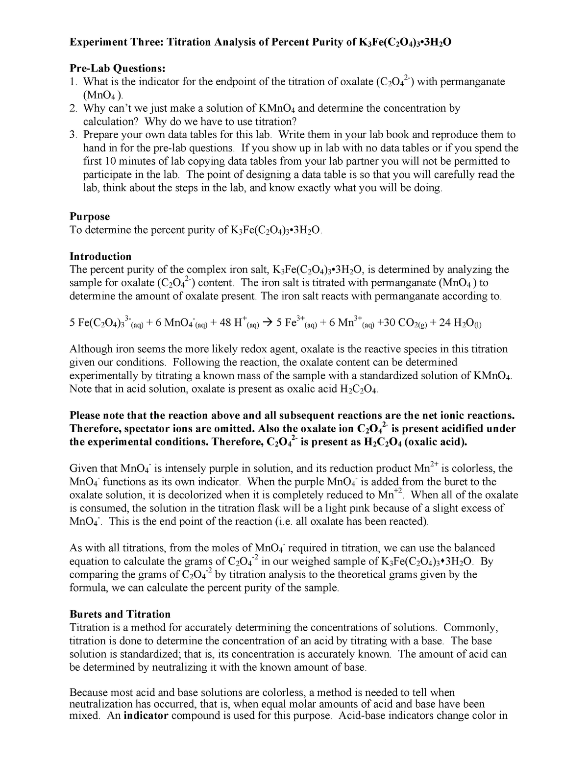 Experiment 3 Redox Titration Percent Purity Analysis Experiment Three