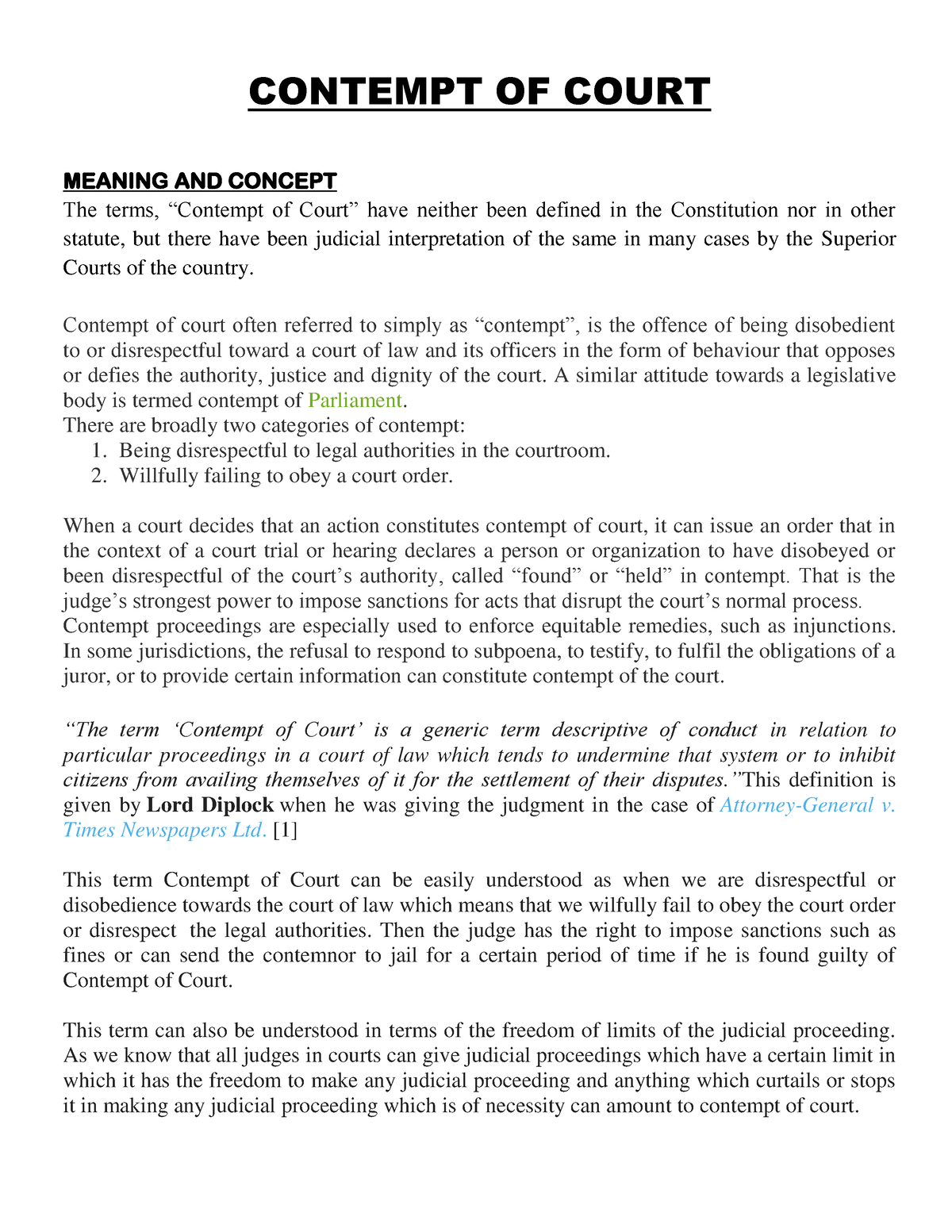 Contempt OF Court Detailed Notes CONTEMPT OF COURT MEANING AND