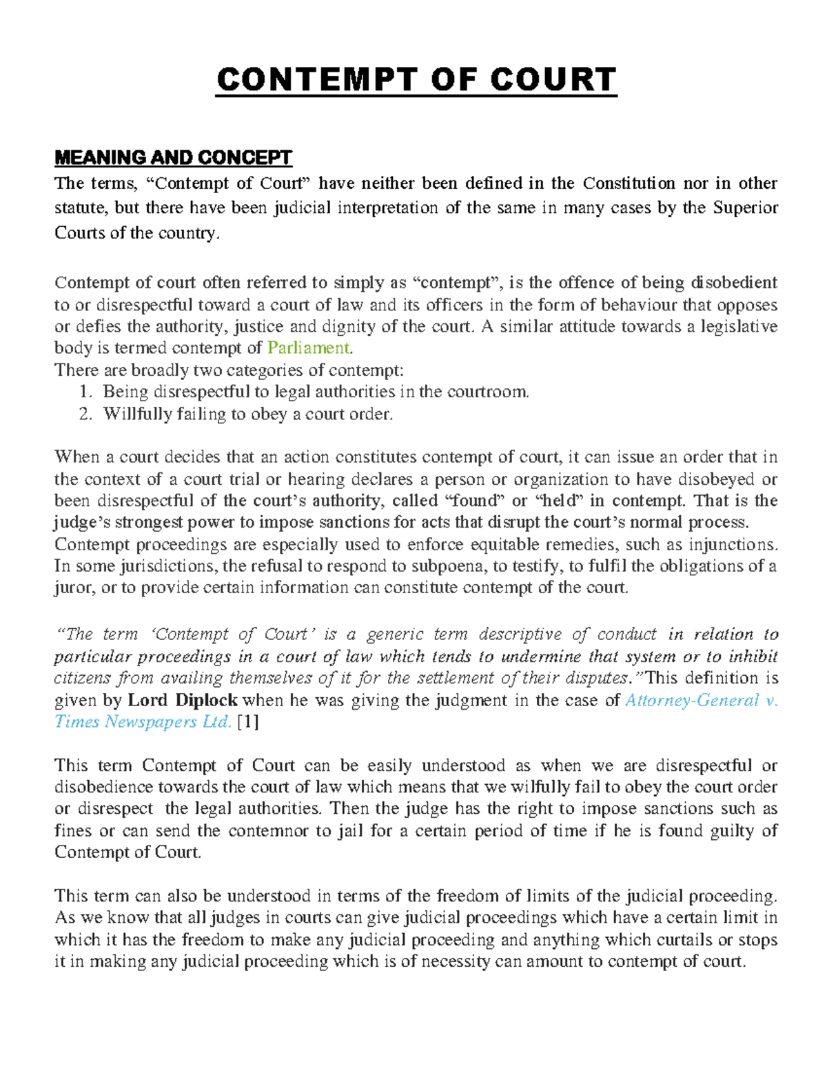 Contempt OF Court Detailed Notes CONTEMPT OF COURT MEANING AND