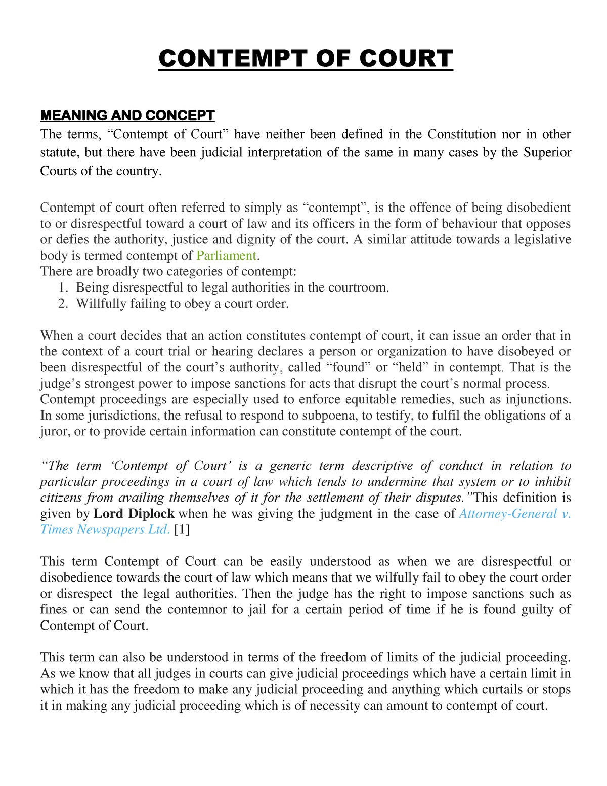 Contempt OF Court Detailed Notes CONTEMPT OF COURT MEANING AND 