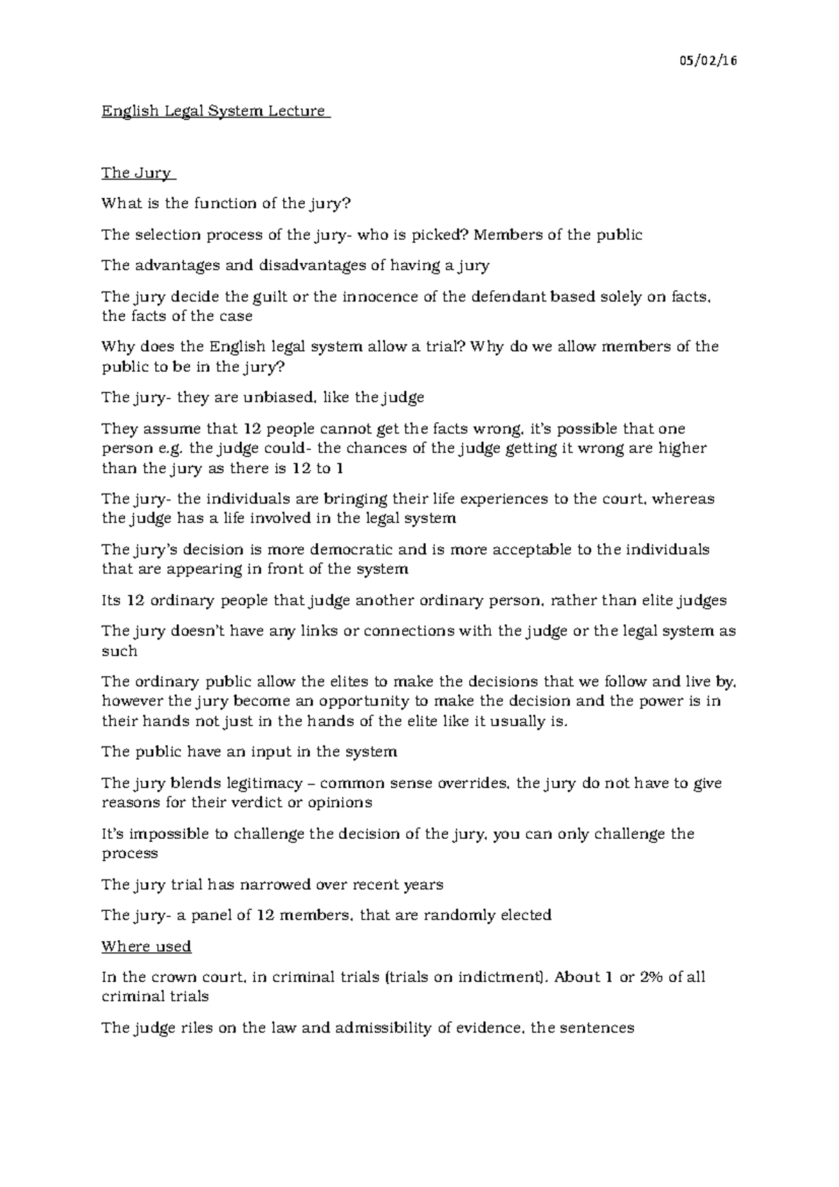 English Legal System Lecture The Jury - 05/02/16 English Legal System ...