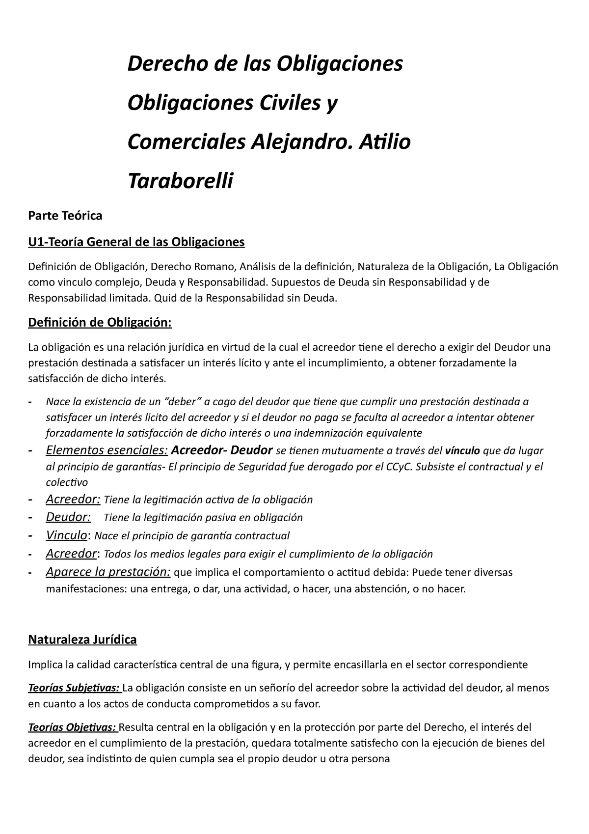 Derecho De Las Obligaciones A. Taraborelli 1 Resumen Unidad 1 - Derecho ...