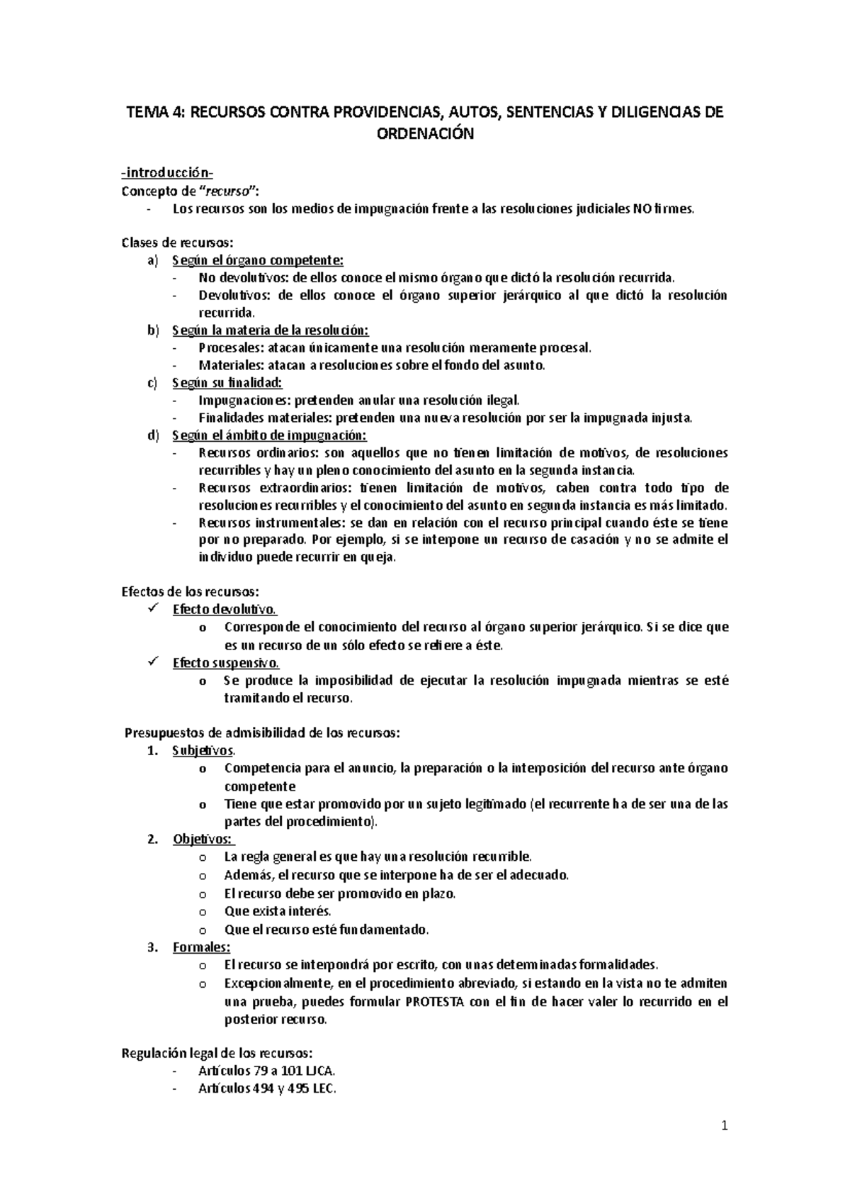 4 - Tema 4 - TEMA 4: RECURSOS CONTRA PROVIDENCIAS, AUTOS, SENTENCIAS Y ...