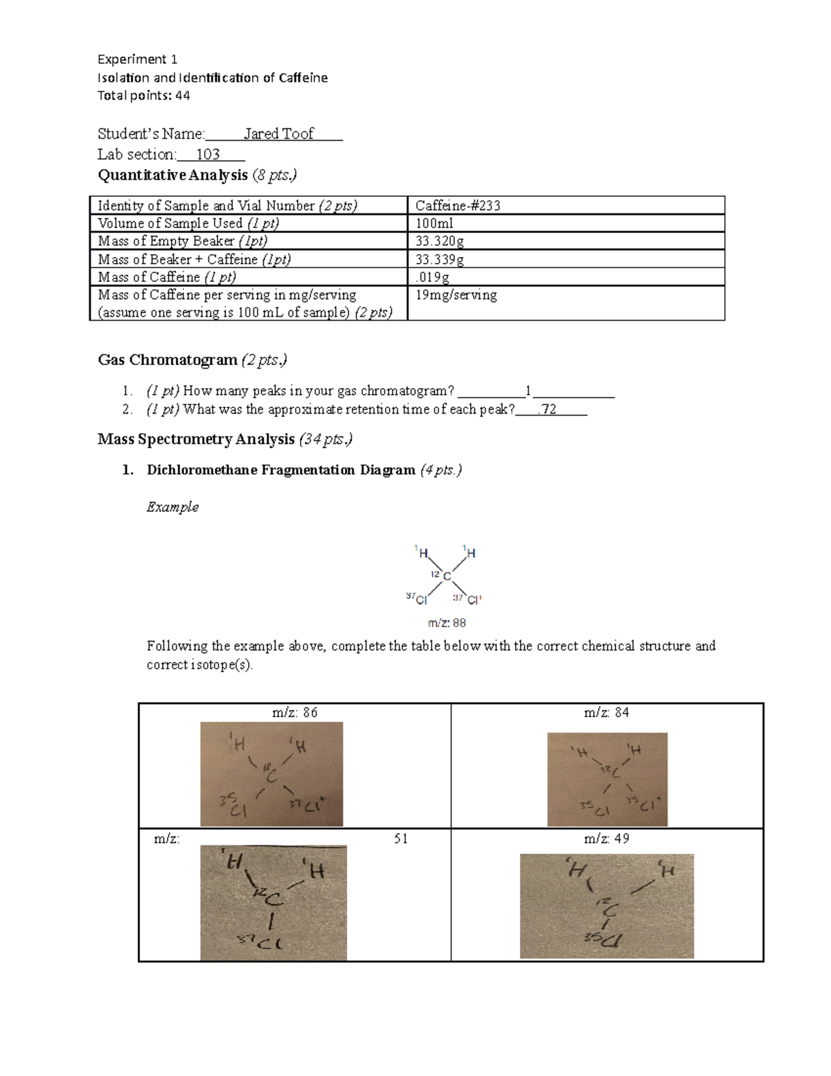 CHEM 110L Experiment 1 Isolation and Identification of Caffeine