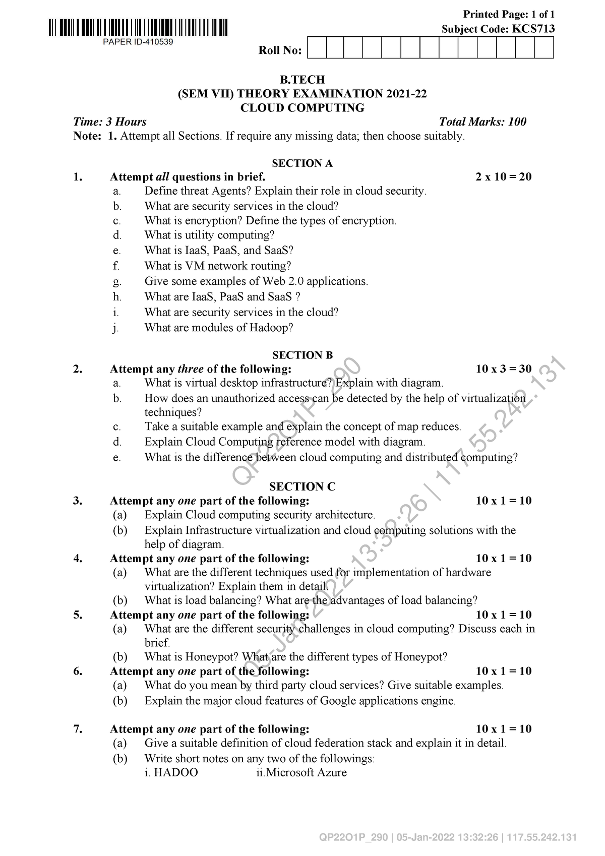 Cloud Computing Kcs 713 - Qp22o1p  