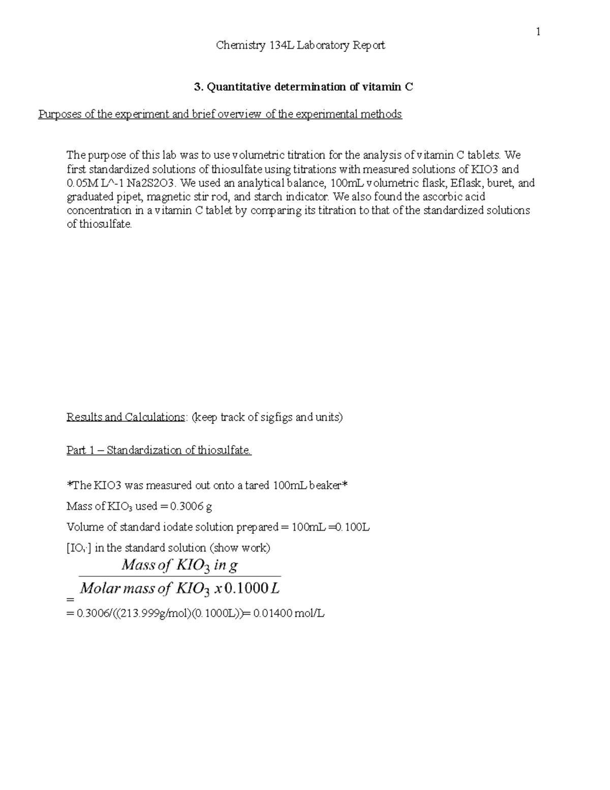 Ex 3 Quantitative Determination Of Vitamin C - Chemistry 134L ...