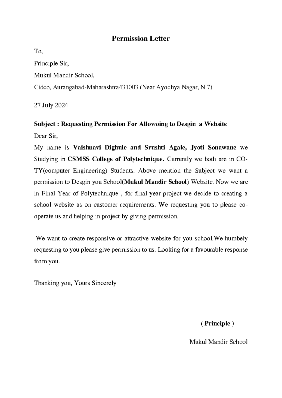 Letter permission CPP - .......... - Permission Letter To, Principle ...