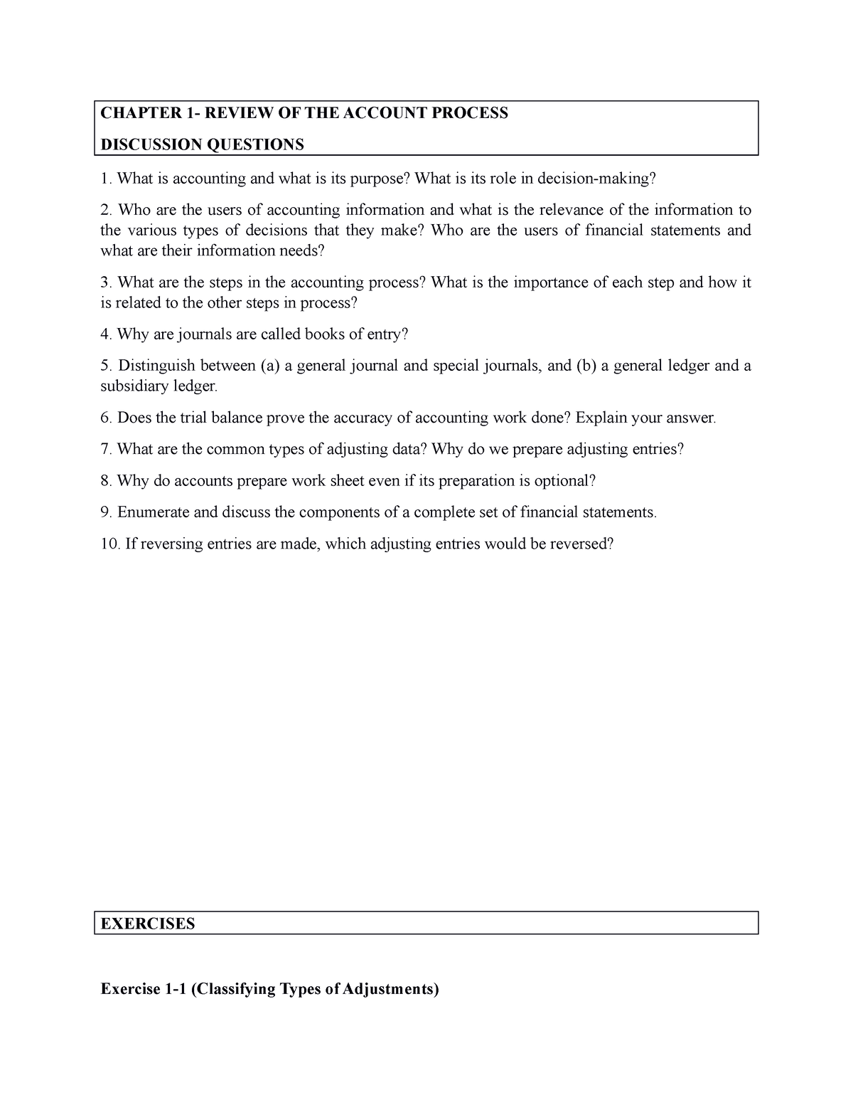 Chapter 1 Review Of The Accounting Process Exercises And Problems ...