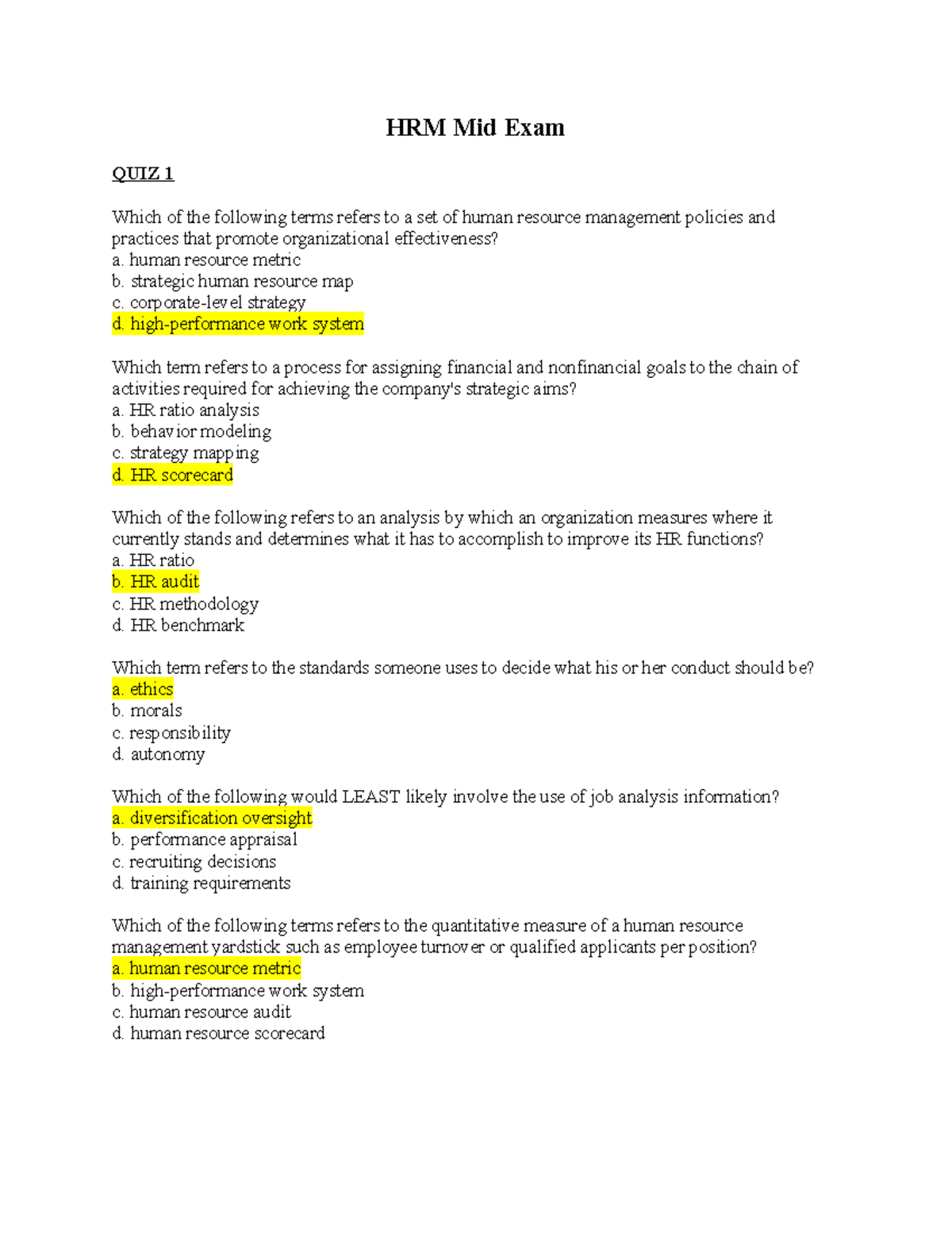 HRM Mid Exam Quiz HRM Mid Exam QUIZ 1 Which of the following terms