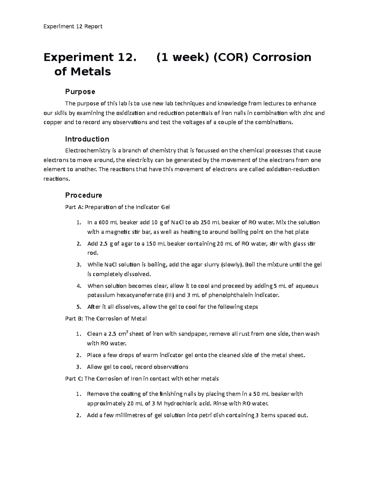 corrosion of metals experiment lab report