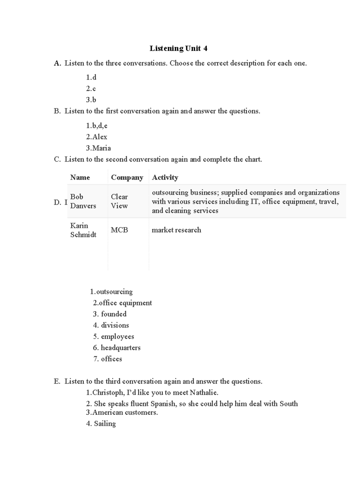 Listening Unit 4 Listen to the three conversations. Choose the