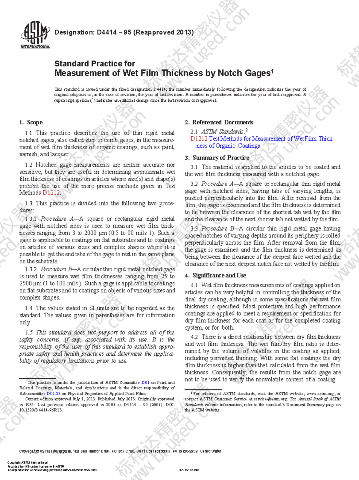 D441495 Standard Practice for Measurement of Wet Film Thickness by