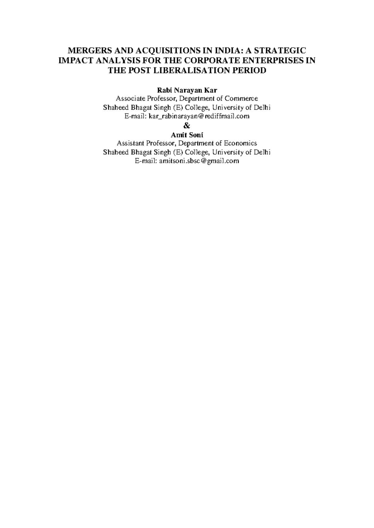 Mergers AND Acquisitions IN India - MERGERS AND ACQUISITIONS IN INDIA ...