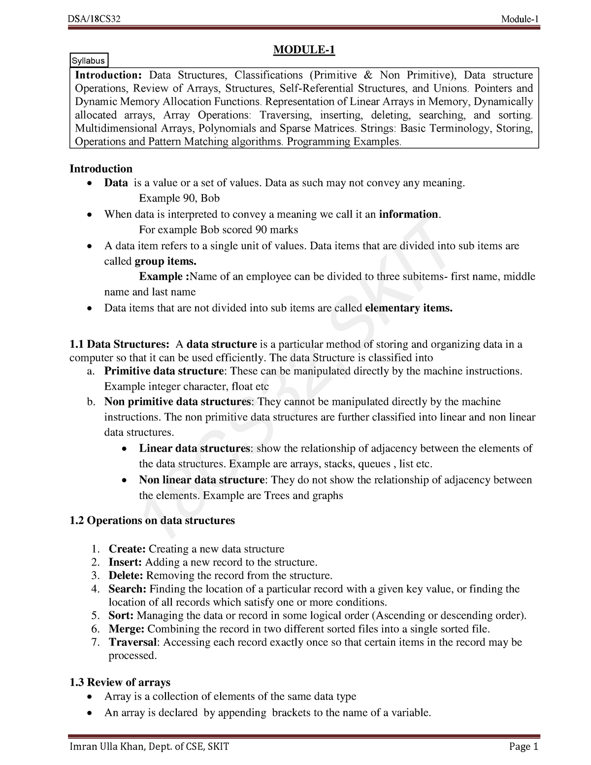 Module-1 DS Notes - DSA/18CS 32 Module­ - Introduction: Data Structures ...