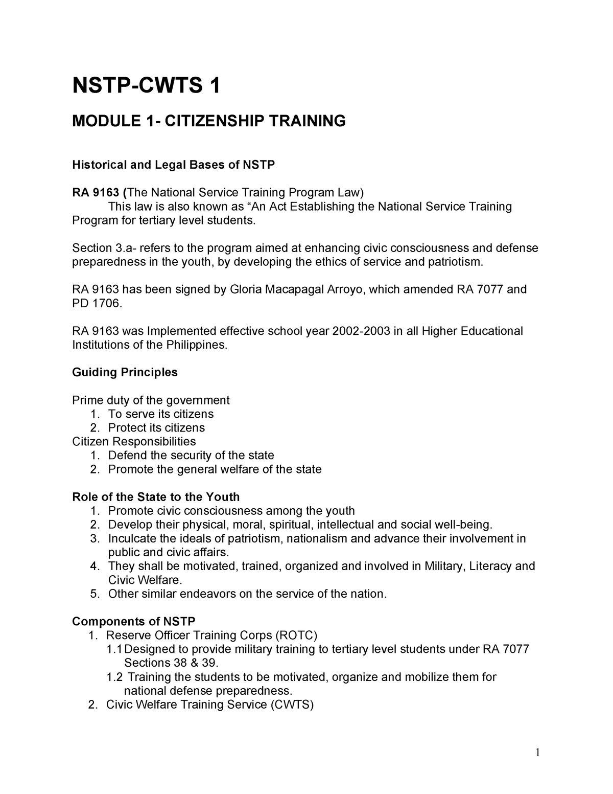 NSTP-CWTS- Notes - NSTP-CWTS 1 MODULE 1- CITIZENSHIP TRAINING ...