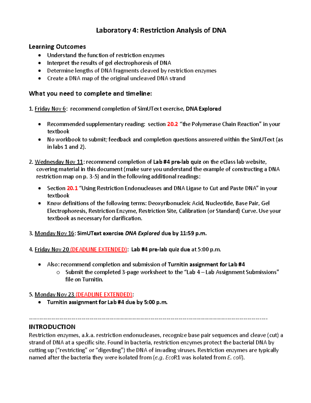 Lab 4 Biology Reading Laboratory 4 Restriction Analysis of DNA