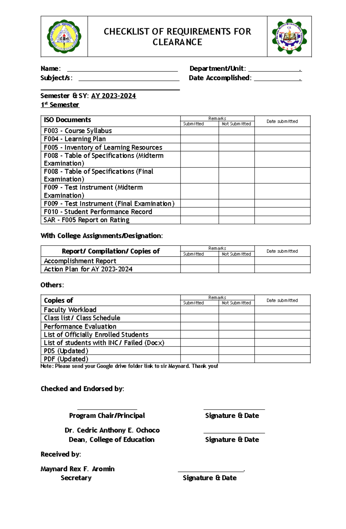 Checklist of requirements for clearance AY 2023 2024 CHECKLIST OF