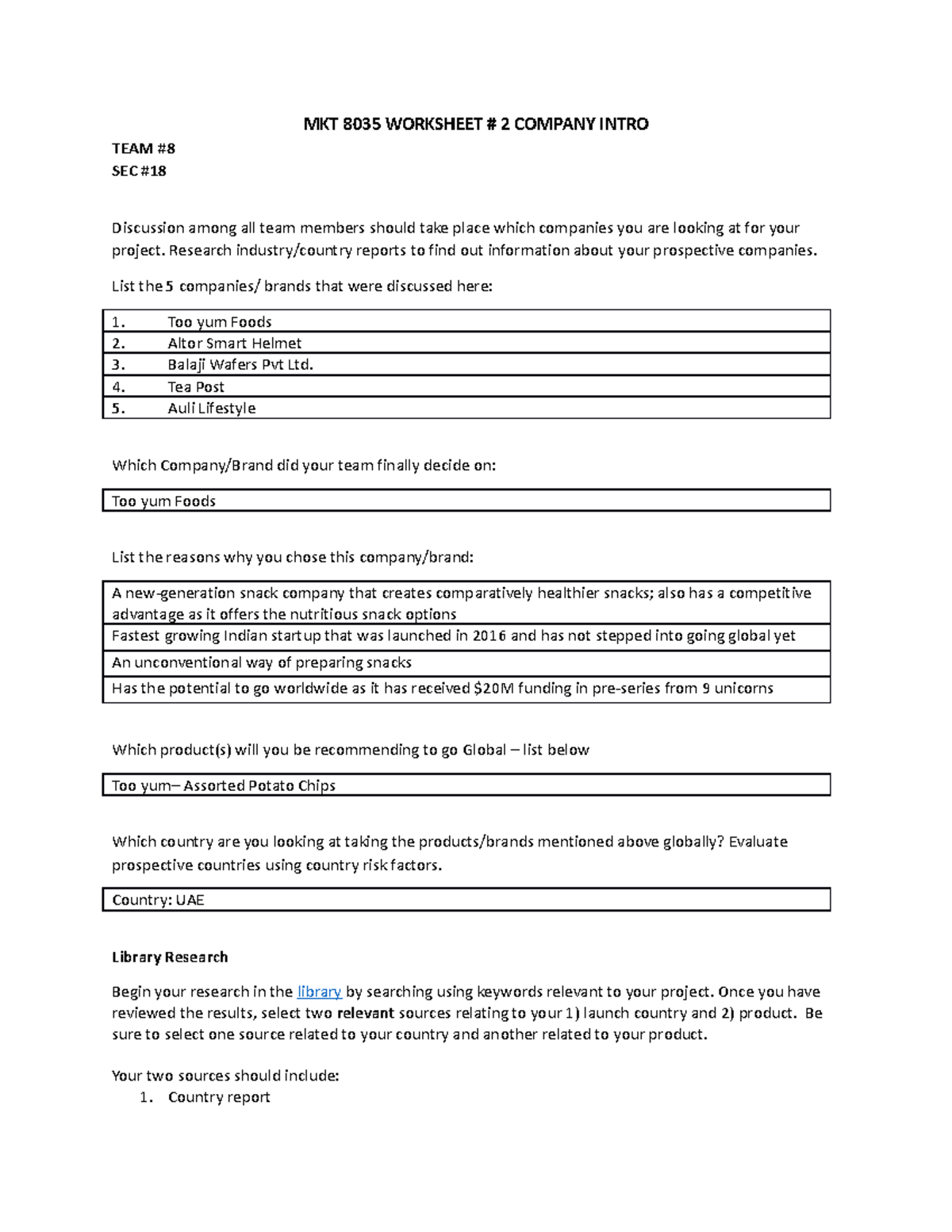 Company Intro worksheet - MKT 8035 WORKSHEET # 2 COMPANY INTRO TEAM SEC ...