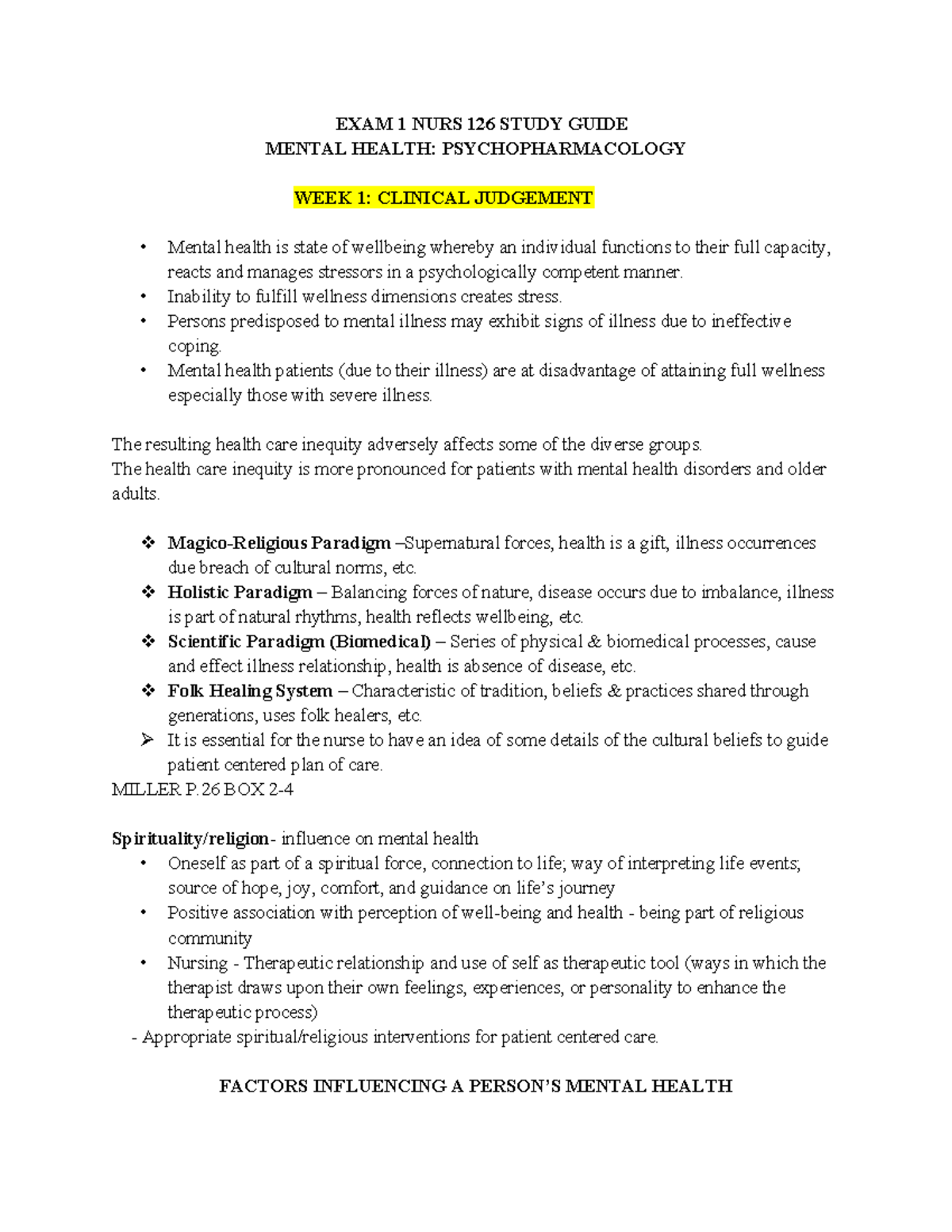 NURS126 Study Guide EXAM 1 - EXAM 1 NURS 126 STUDY GUIDE MENTAL HEALTH ...
