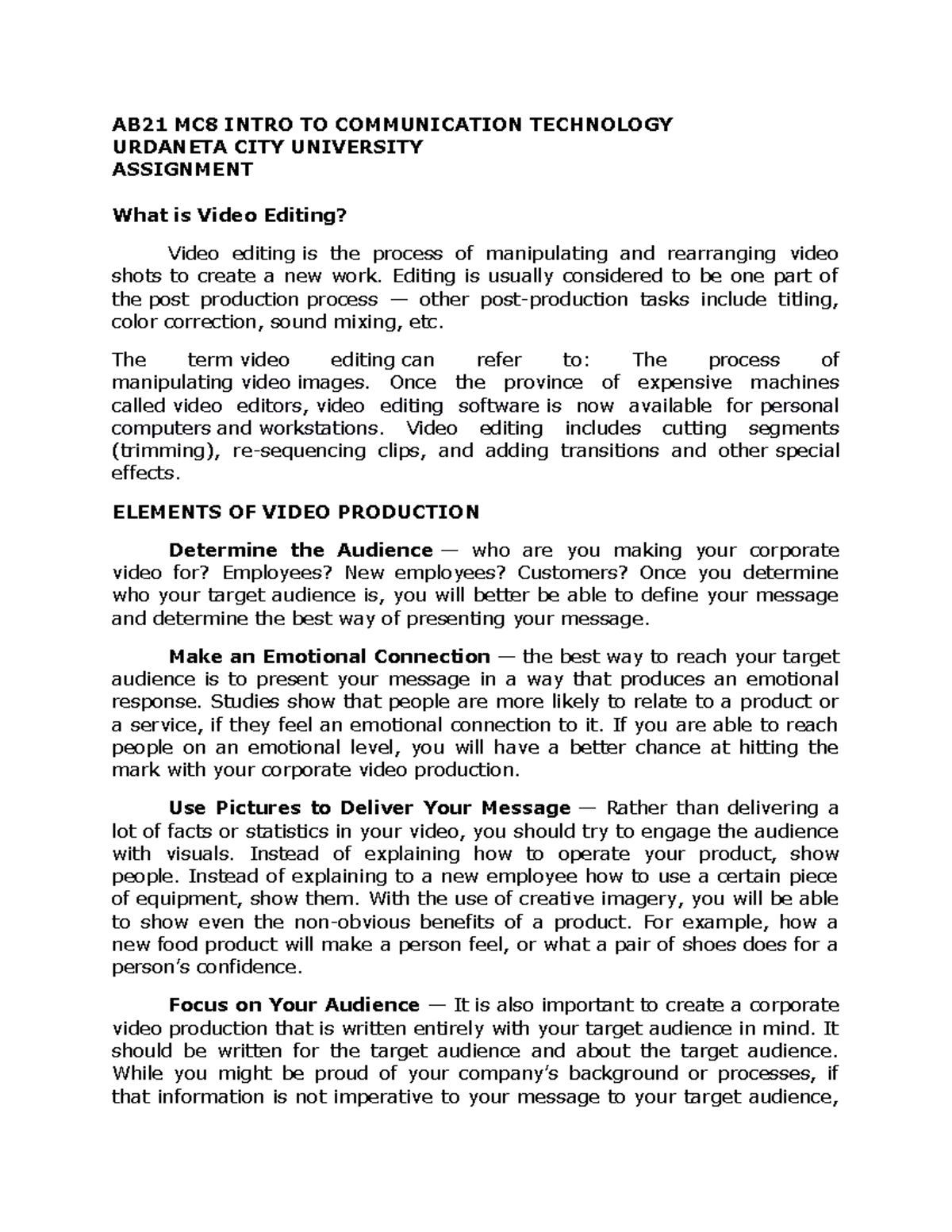 Video Editing (Definition and more) AB21 MC8 INTRO TO COMMUNICATION