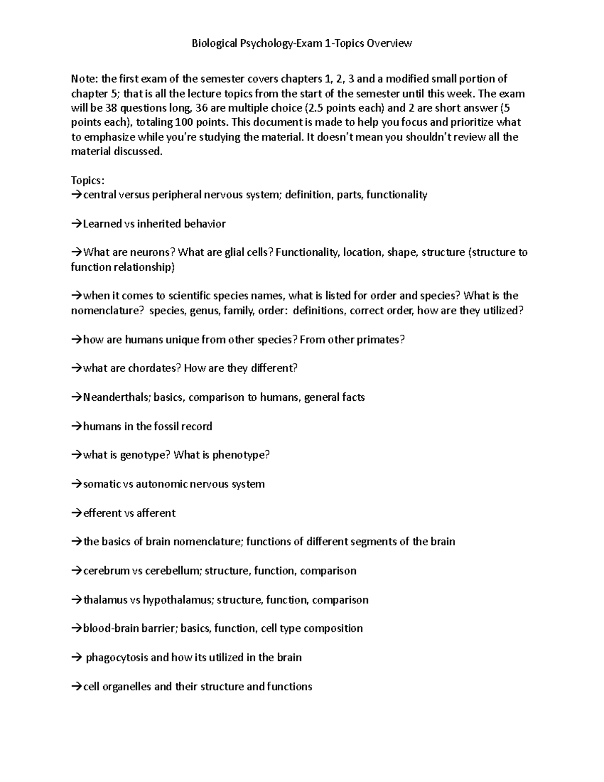 Bio PsychExam 1 topics overview Biological PsychologyExam 1Topics