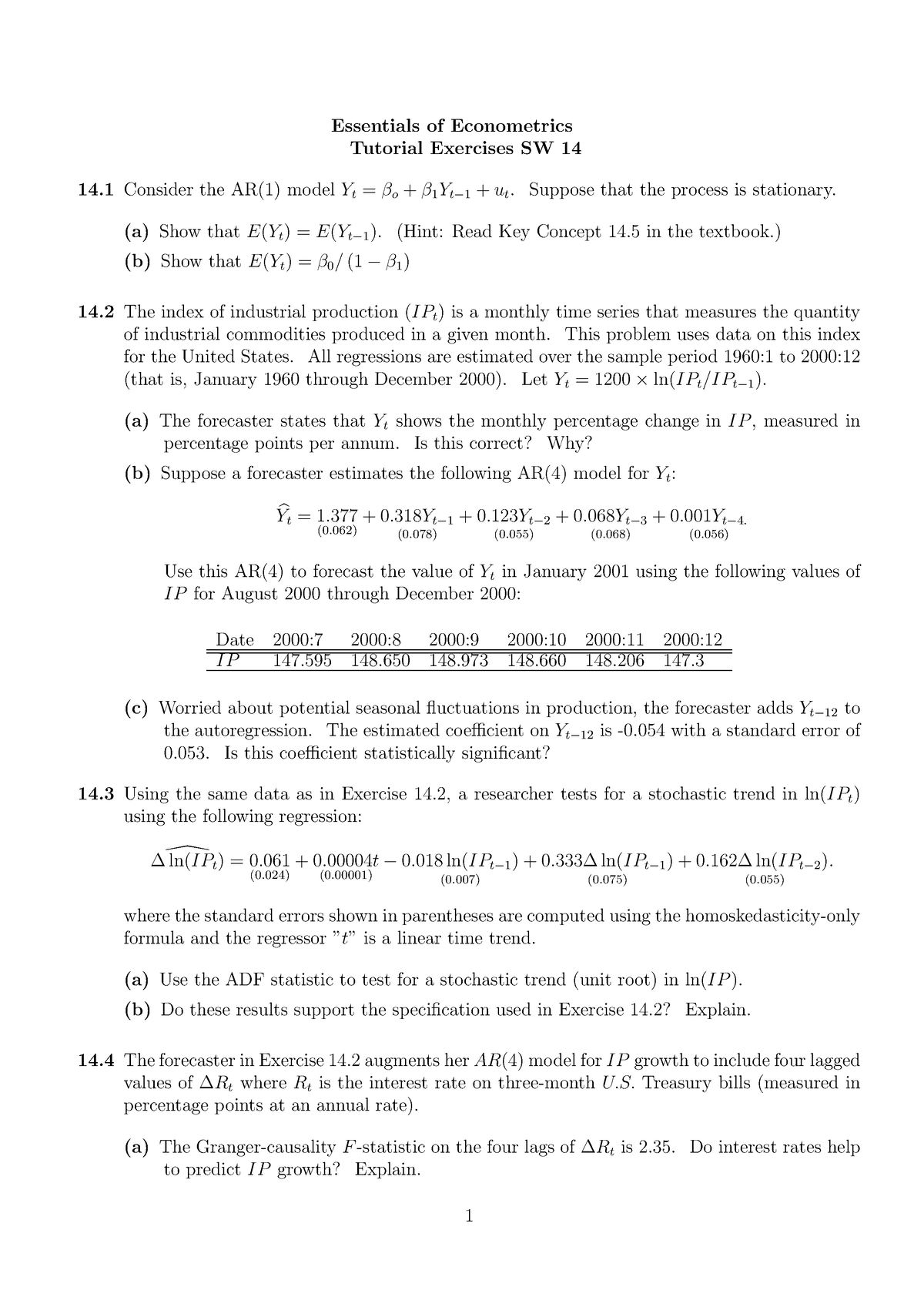 SW14 Tutorial - Essentials Of Econometrics Tutorial Exercises SW 14 14 ...