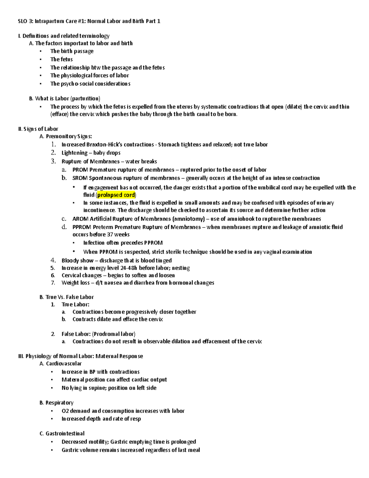 PP Lecture 3 Normal Labor and Birth Part 1 - SLO 3: Intrapartum Care #1 ...