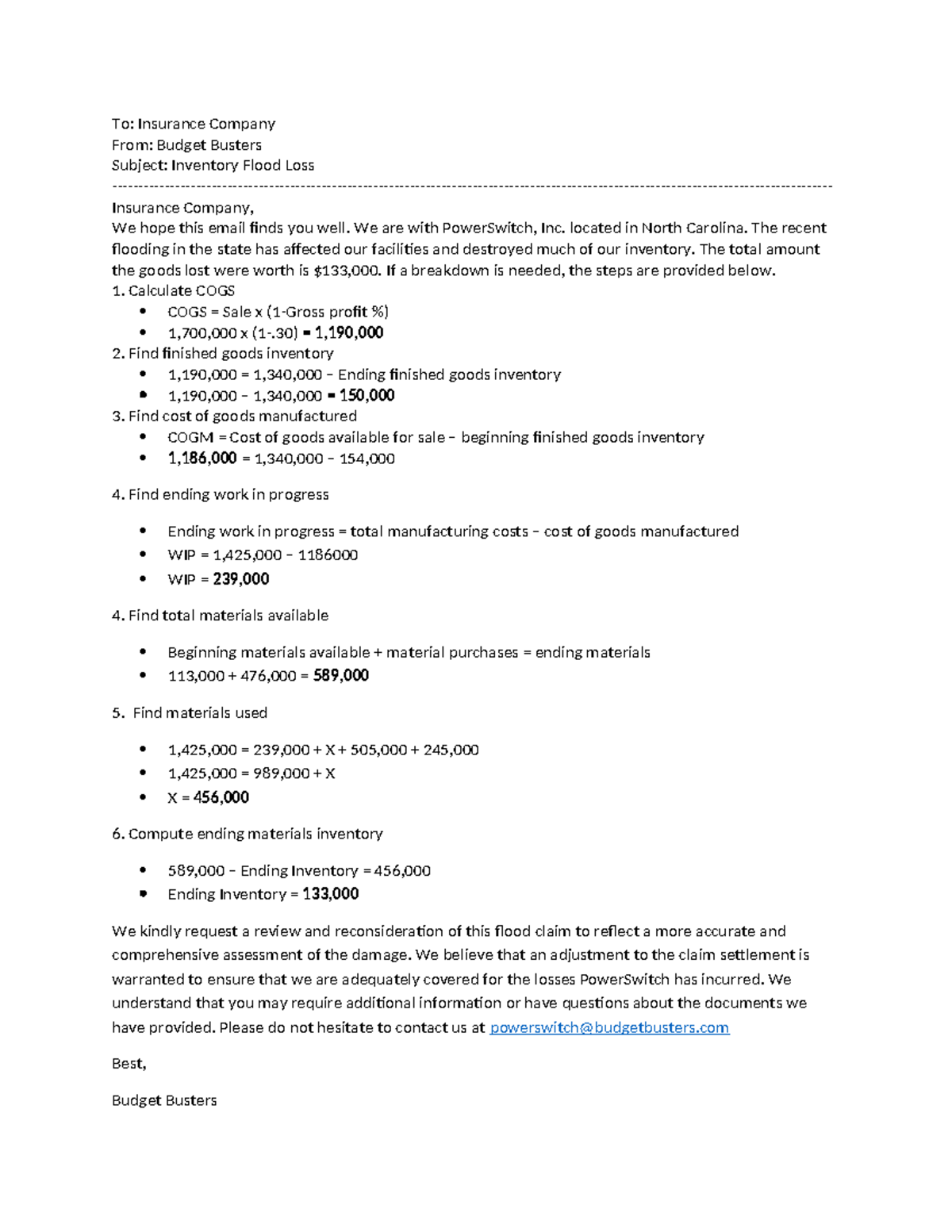 To Insurance Company - Assignment - To: Insurance Company From: Budget ...