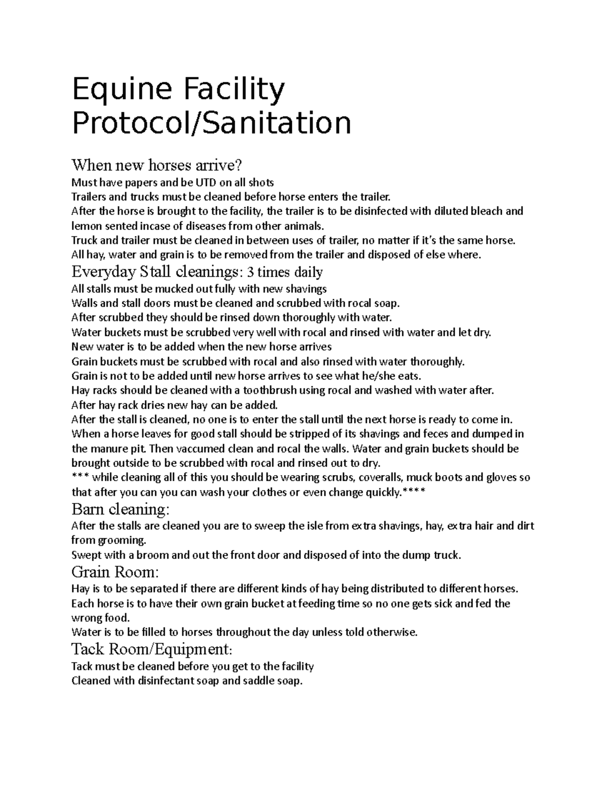 Equine Facility Protocol - Equine Facility Protocol/Sanitation When new ...