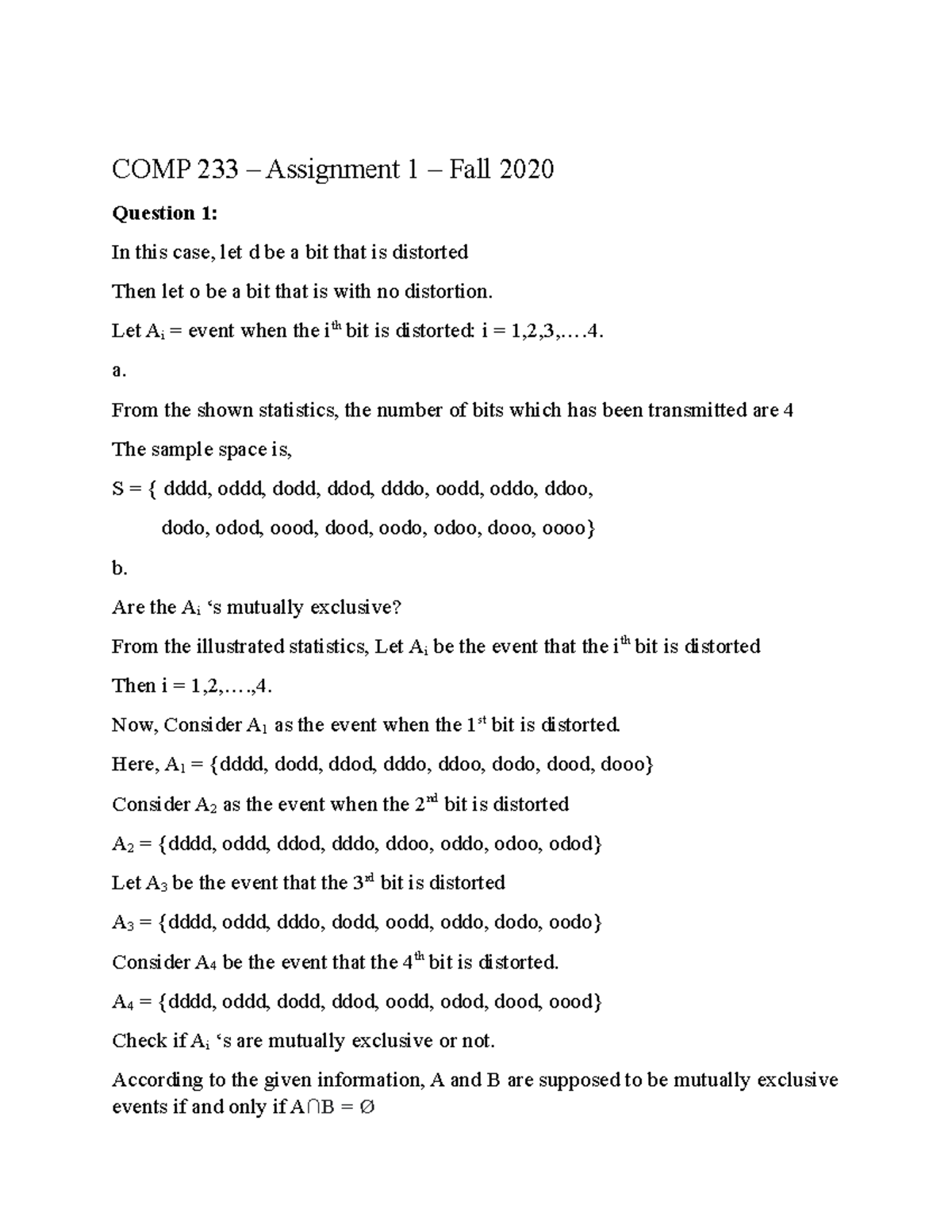 A1 COMP233 - Solutions for the first assignment - COMP 233 – Assignment ...