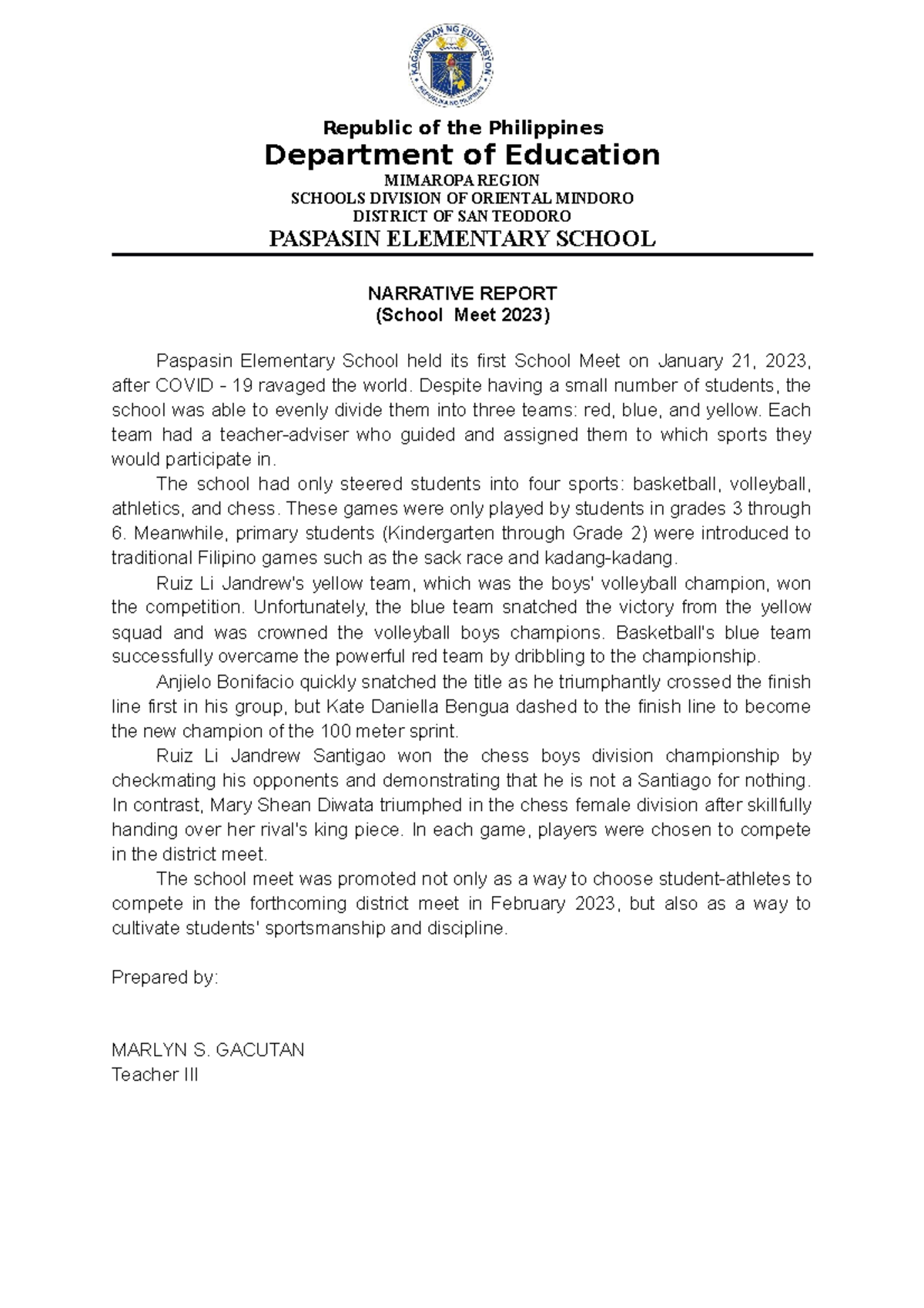 Narrative Report Marlyn Gacutan - Republic of the Philippines ...