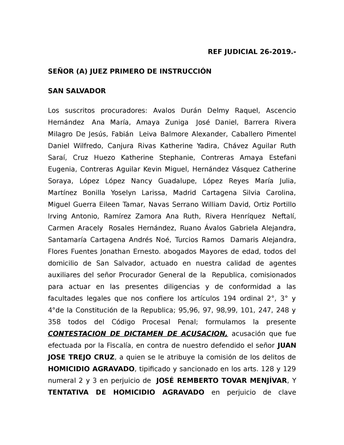 Contestacion De La Acusacion Fiscal 2 Ref Judicial 26 2019 SeÑor A Juez Primero De 8550